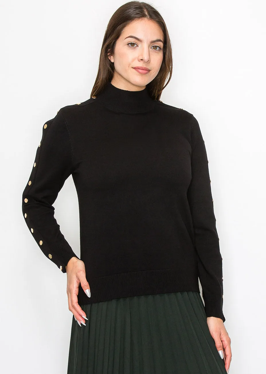 Black Buttoned Sleeve Mock Neck Top
