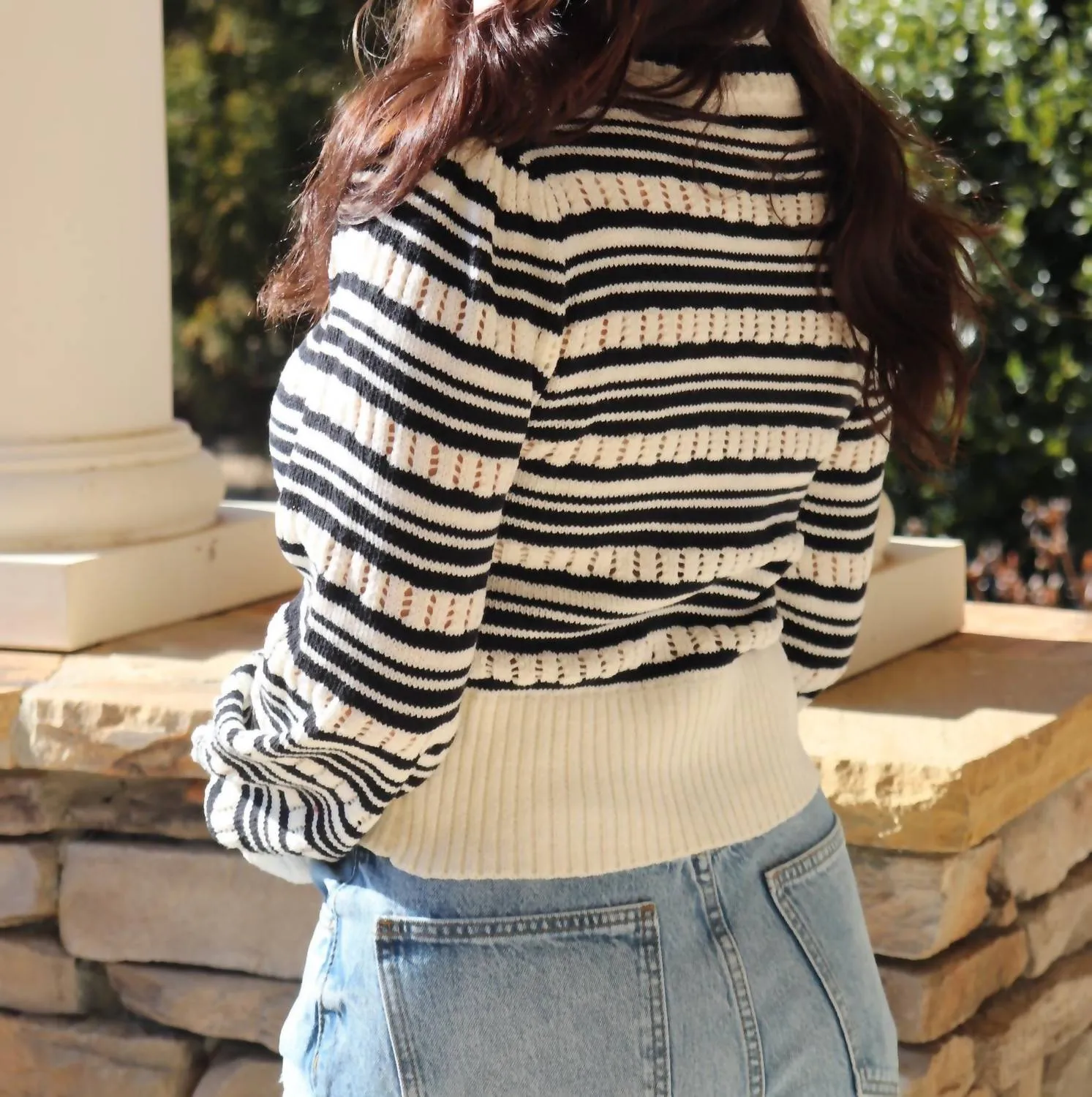 Bow-Front Sweater In Black & White Stripe