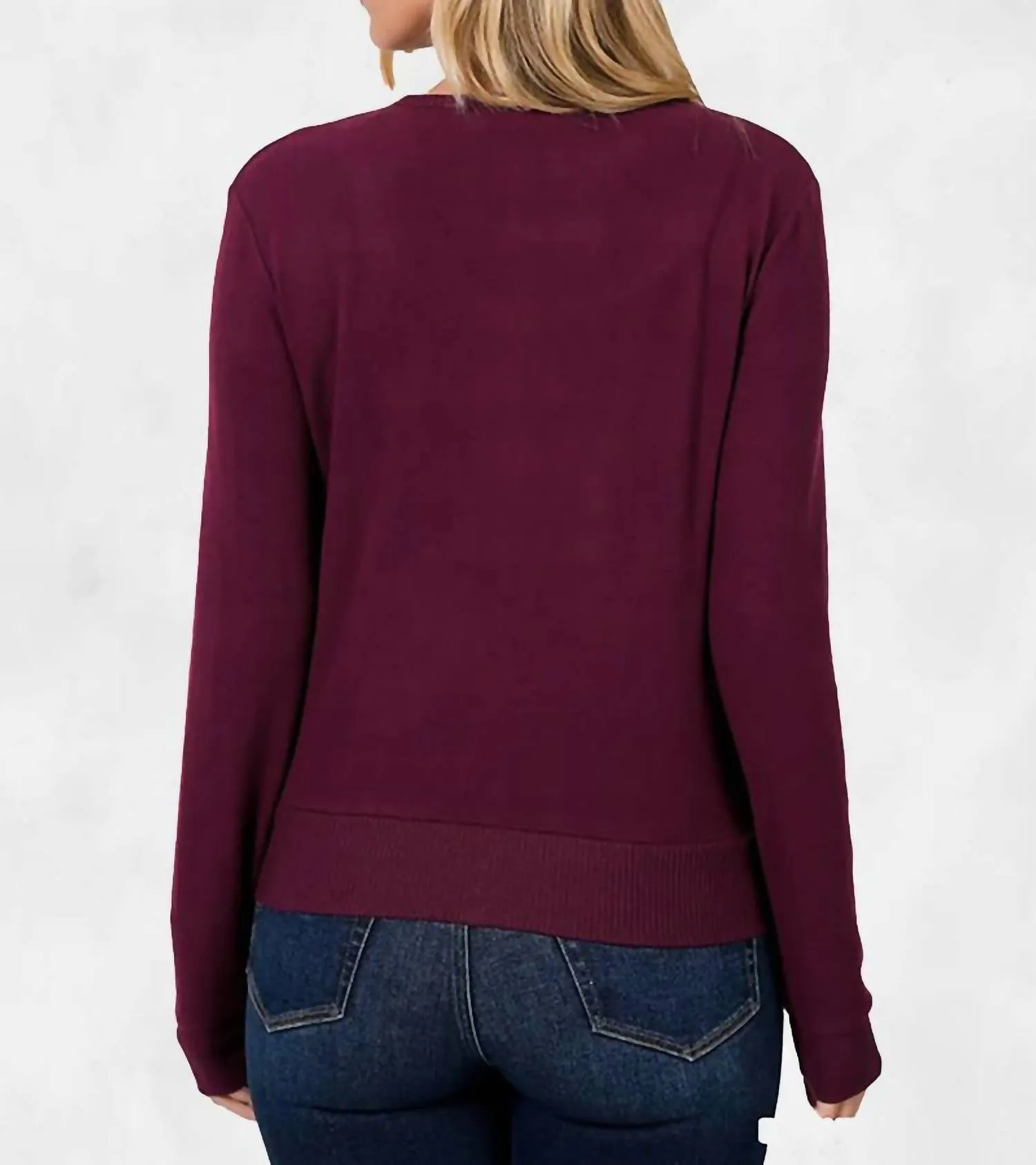Briana Crew Neck Snap Button Cardigan In Dark Burgundy