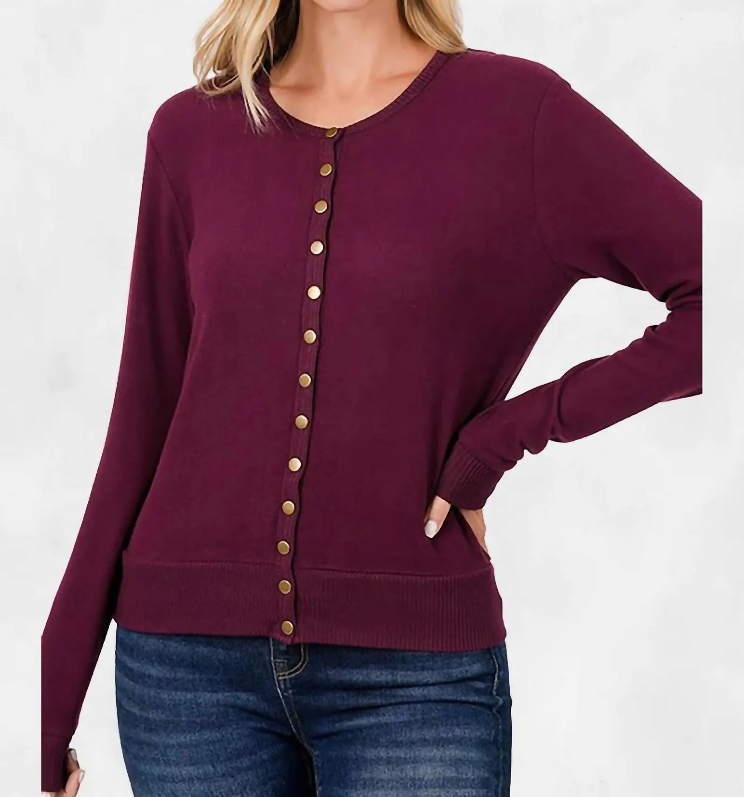 Briana Crew Neck Snap Button Cardigan In Dark Burgundy
