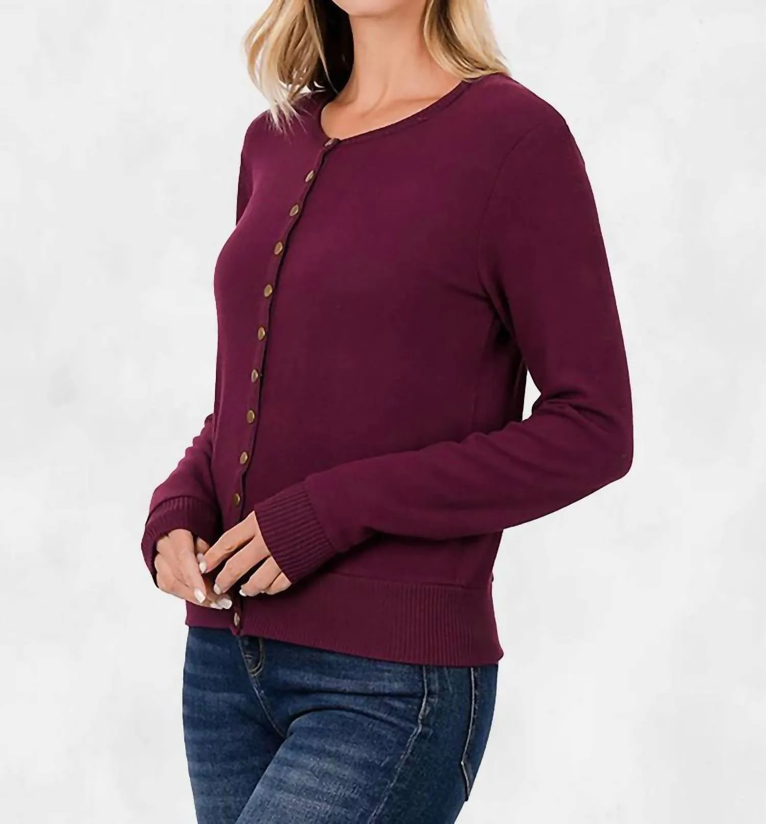 Briana Crew Neck Snap Button Cardigan In Dark Burgundy
