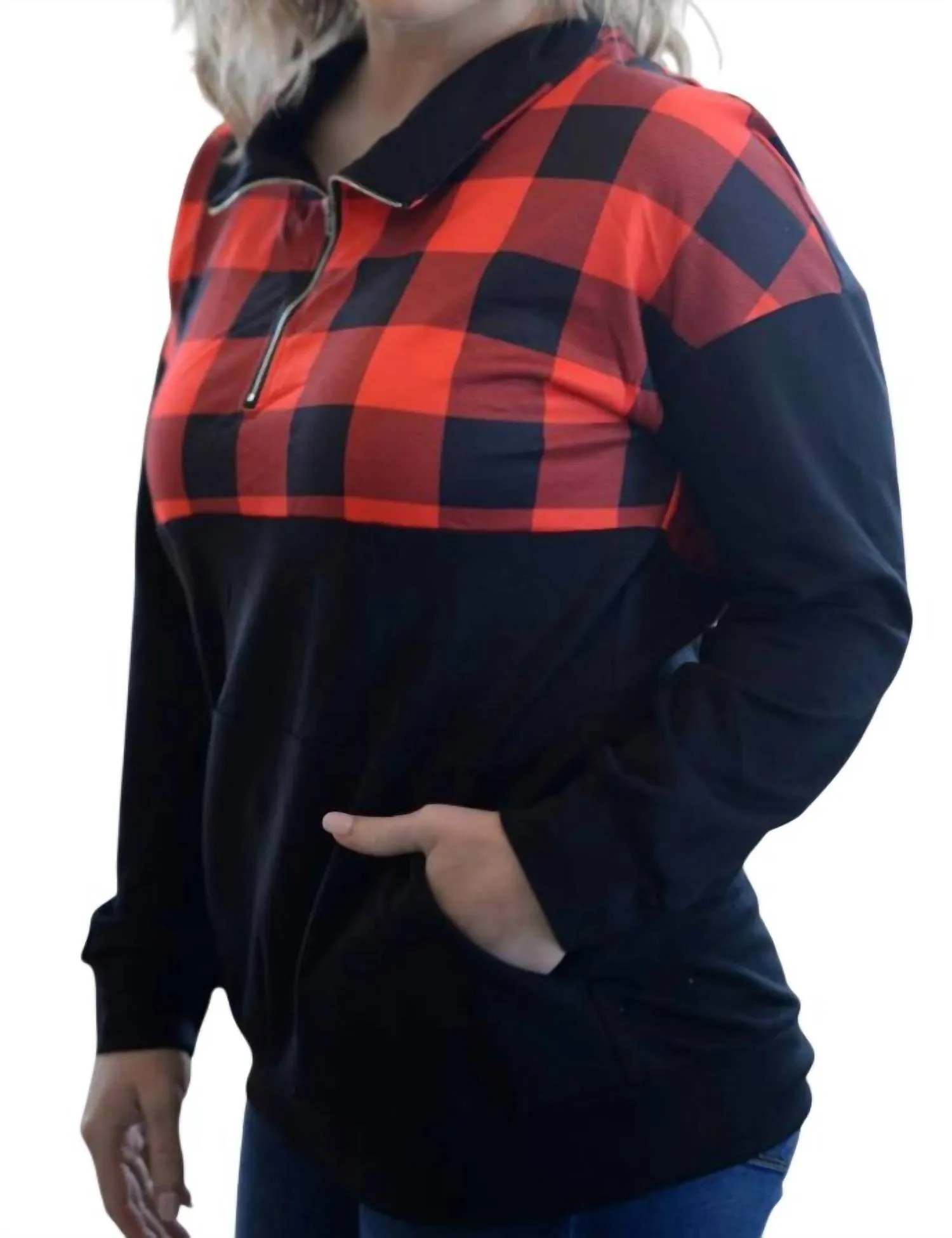 Buffalo Plaid Zip Up Pullover In Red/black
