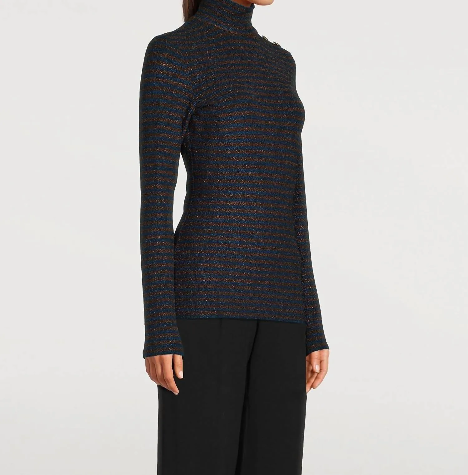 Buttoned Turtleneck Sweater In Blue/bronze Metallic Stripe