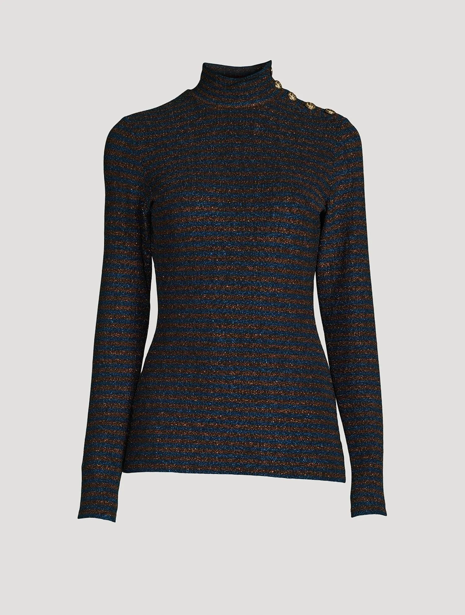 Buttoned Turtleneck Sweater In Blue/bronze Metallic Stripe