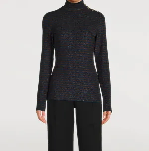 Buttoned Turtleneck Sweater In Blue/bronze Metallic Stripe
