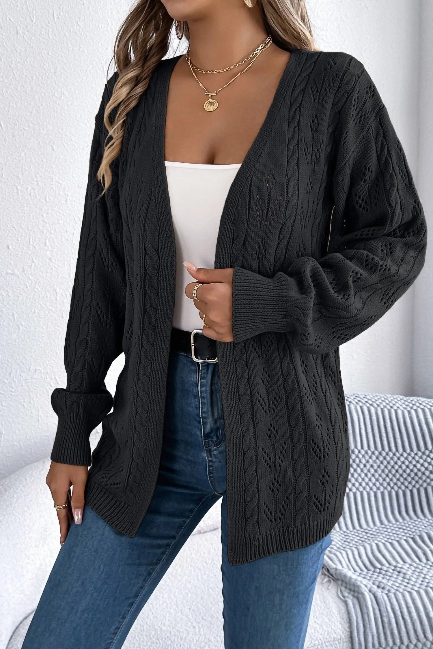 Cable Long Sleeves Cardigan In Black