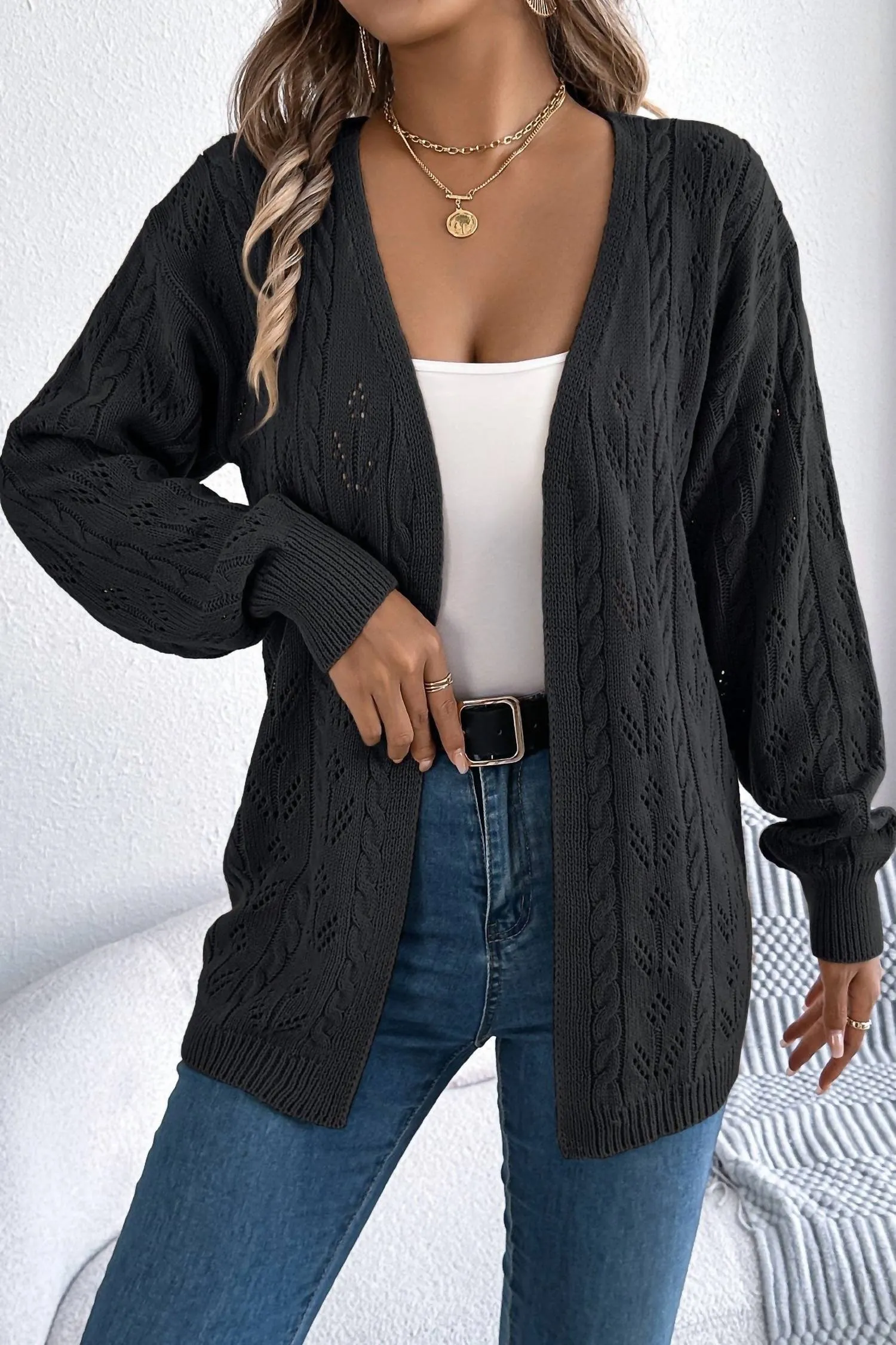 Cable Long Sleeves Cardigan In Black
