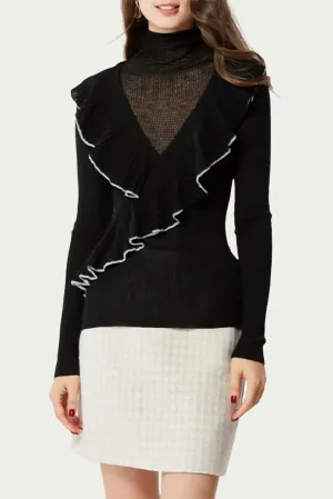 Calista Layered-Effect Ruffled Turtleneck Top In Black