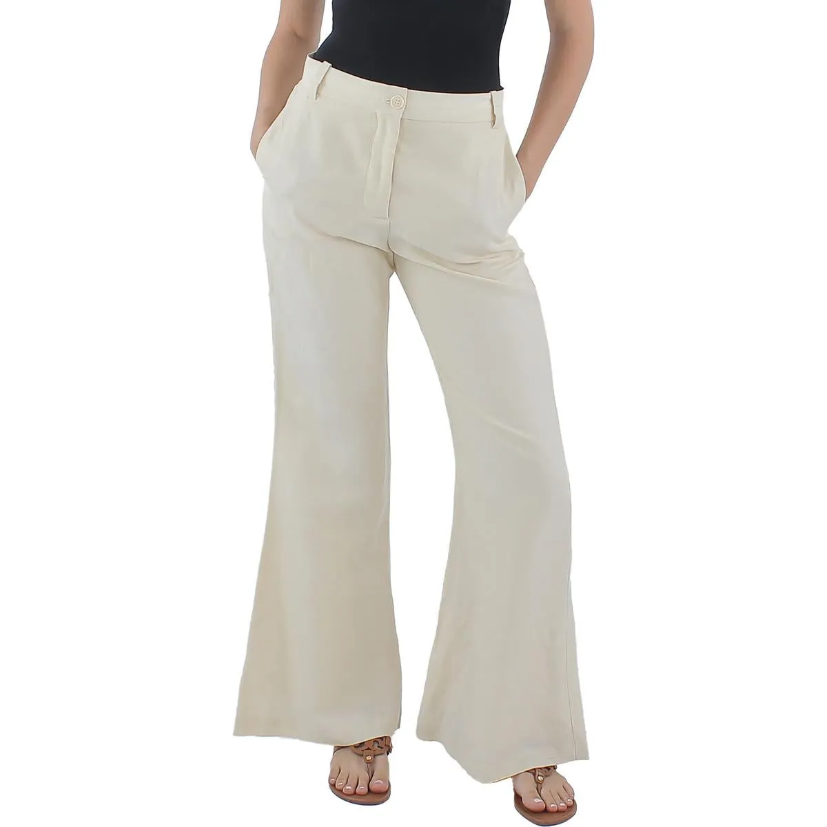 Carass Womens Linen Flare Legs Wide Leg Pants