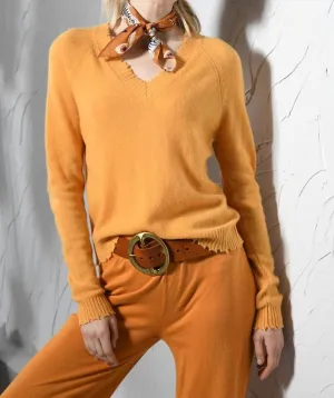 Cashmere Frayed Edge Cropped V-Neck Sweater In Marigold