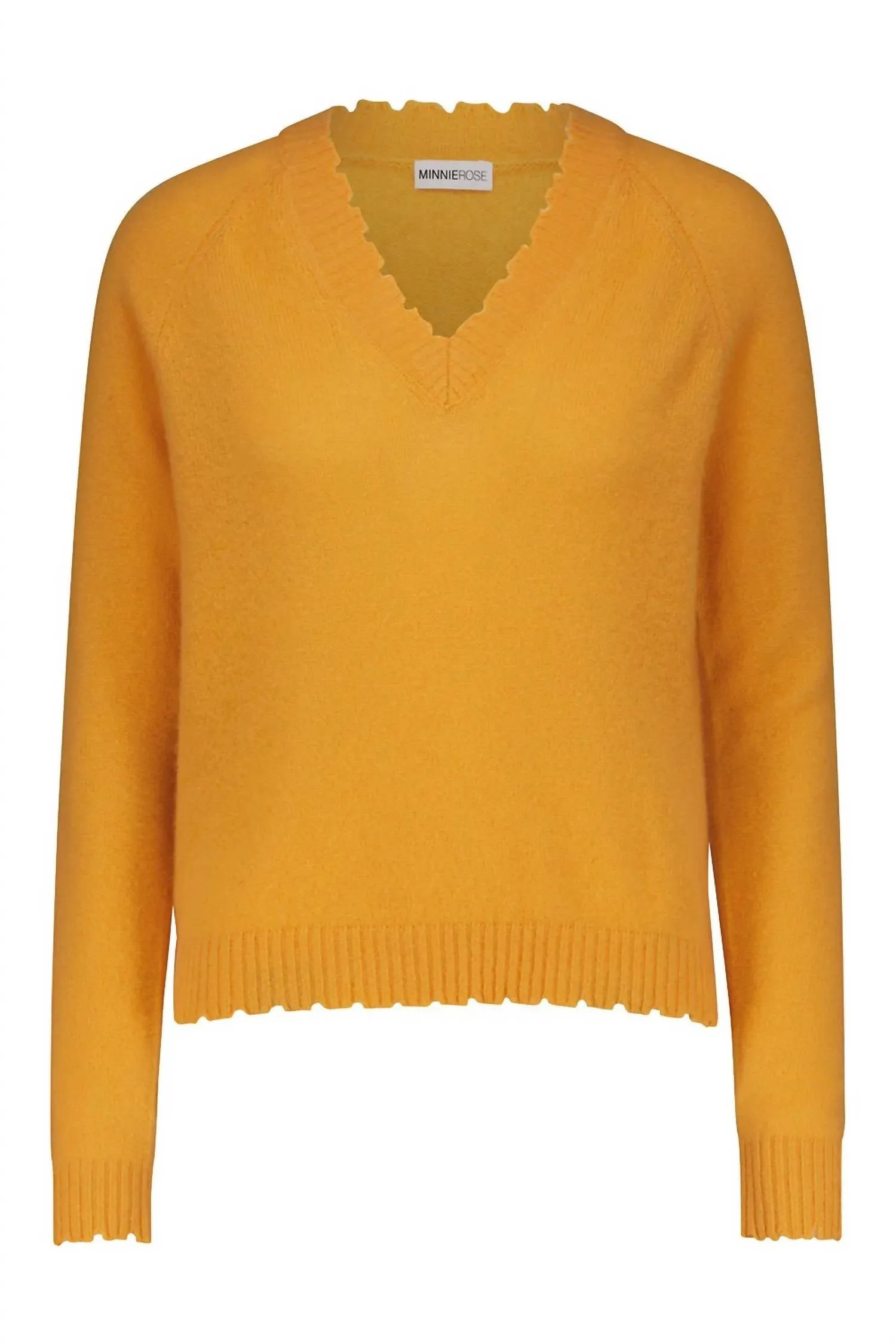 Cashmere Frayed Edge Cropped V-Neck Sweater In Marigold