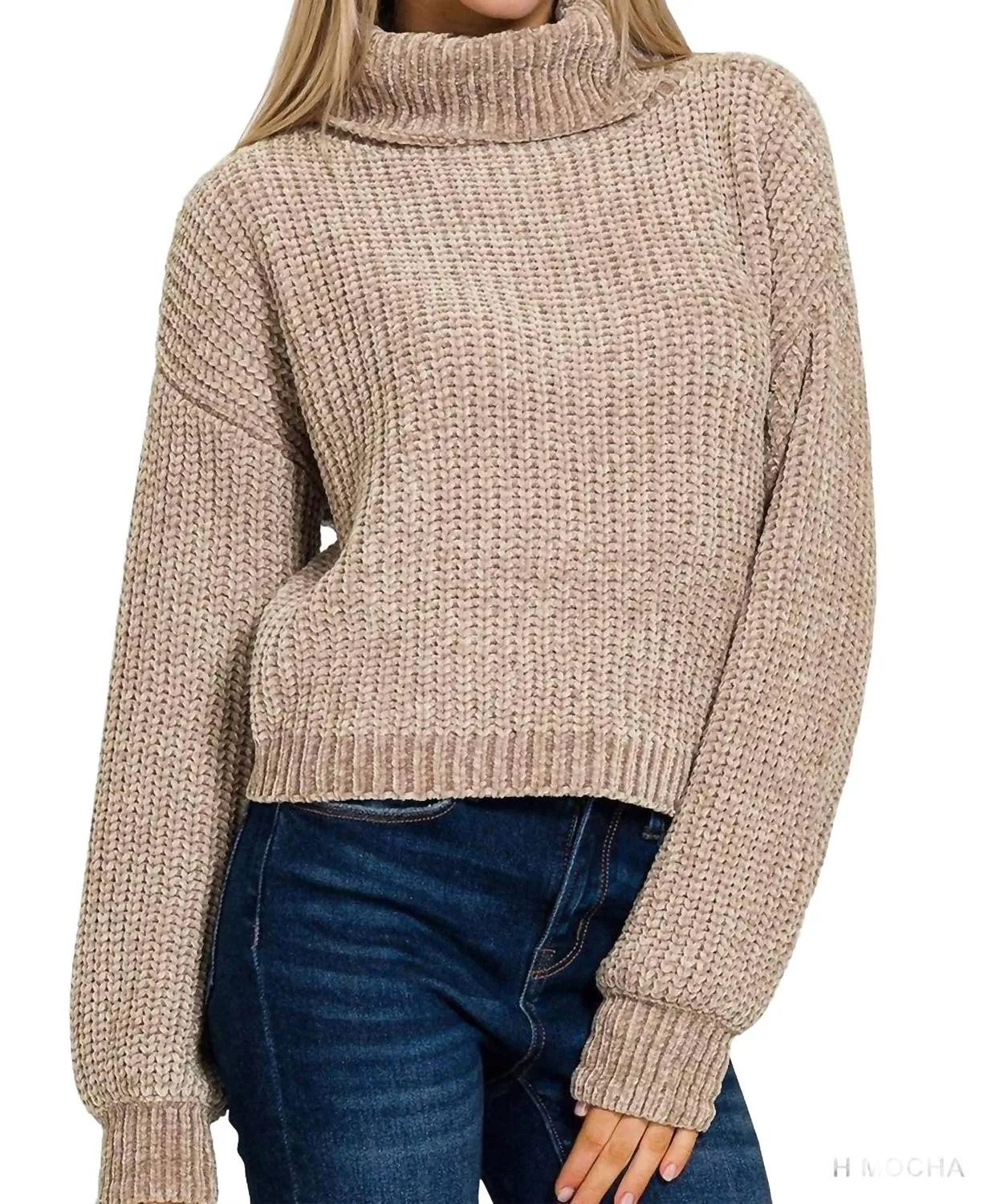 Chenille Turtleneck Sweater In Brown