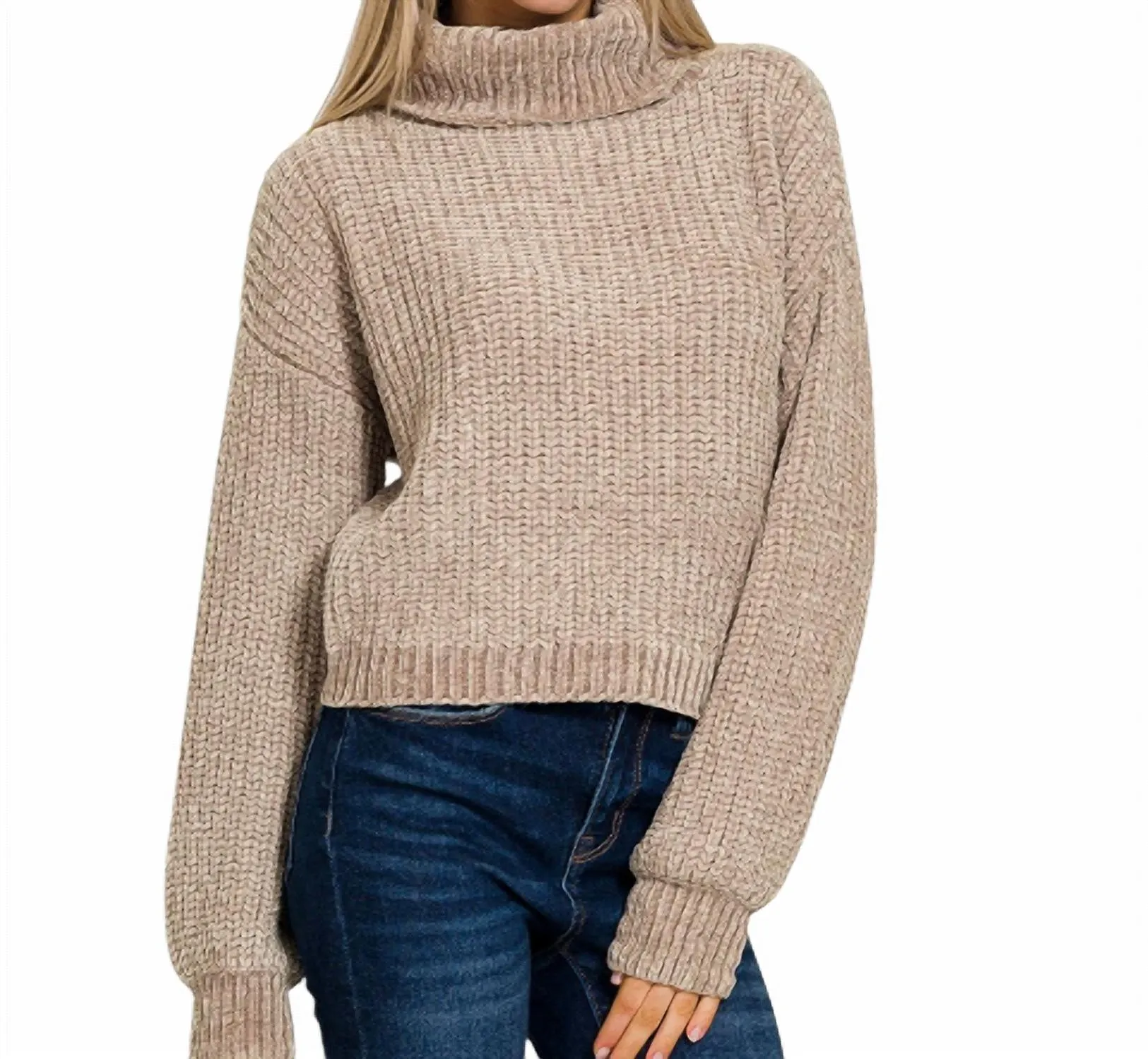 Chenille Turtleneck Sweater In Brown
