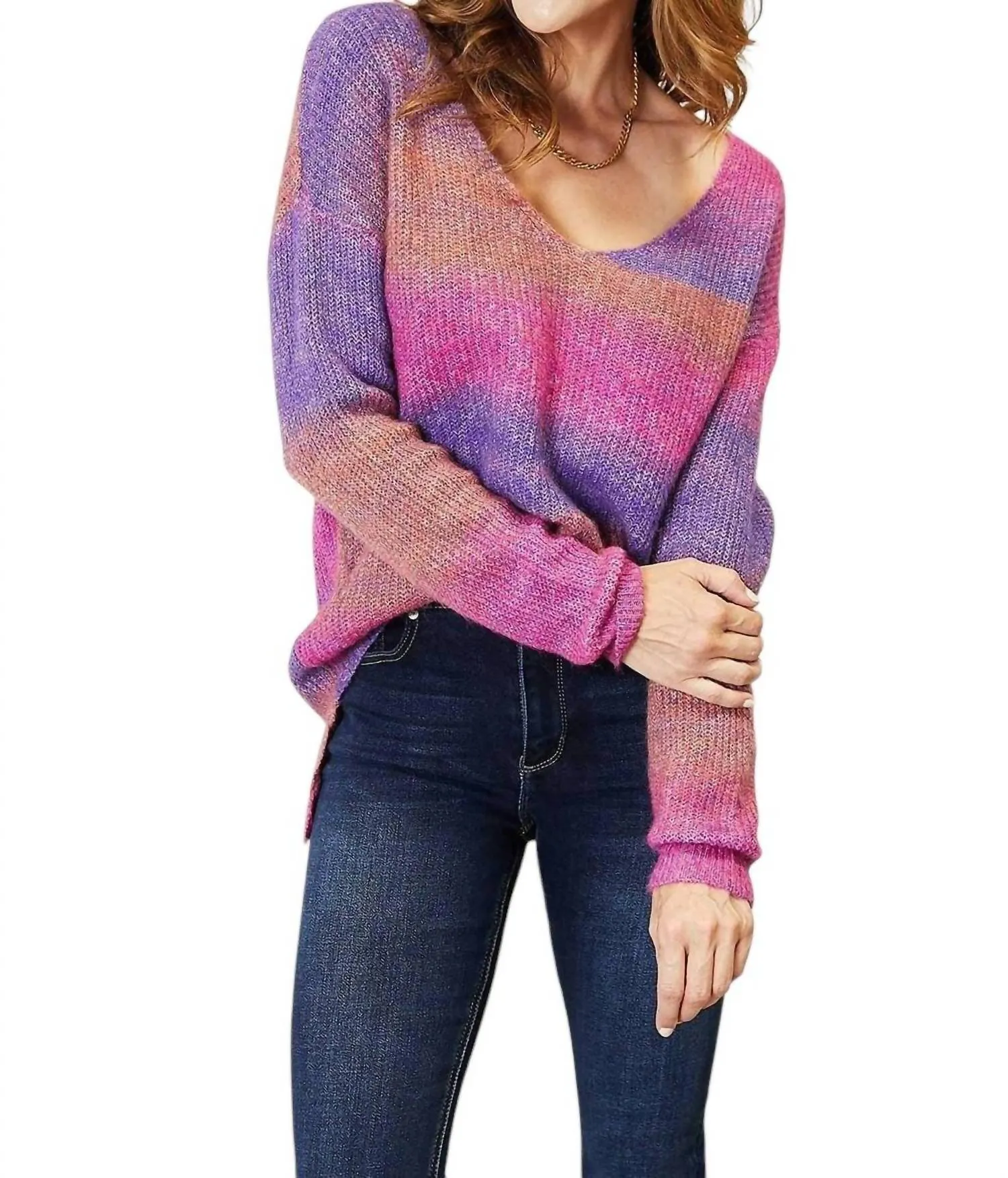Chic Ribbed V-Neck Pullover Sweater In Purple