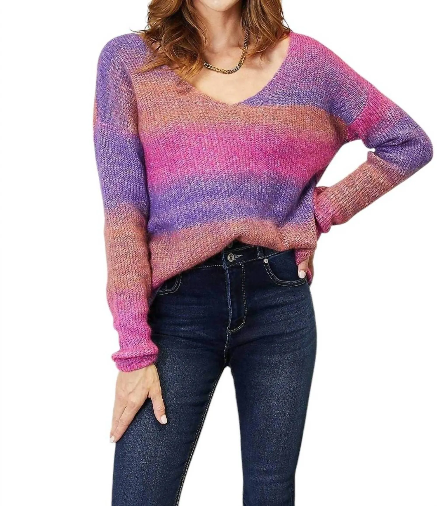 Chic Ribbed V-Neck Pullover Sweater In Purple