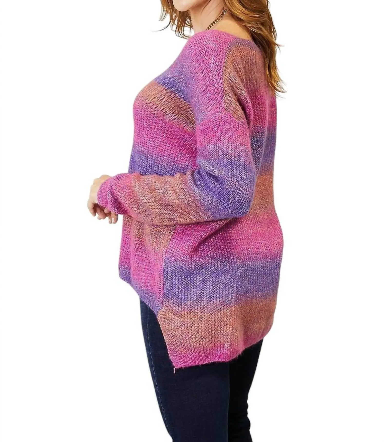 Chic Ribbed V-Neck Pullover Sweater In Purple