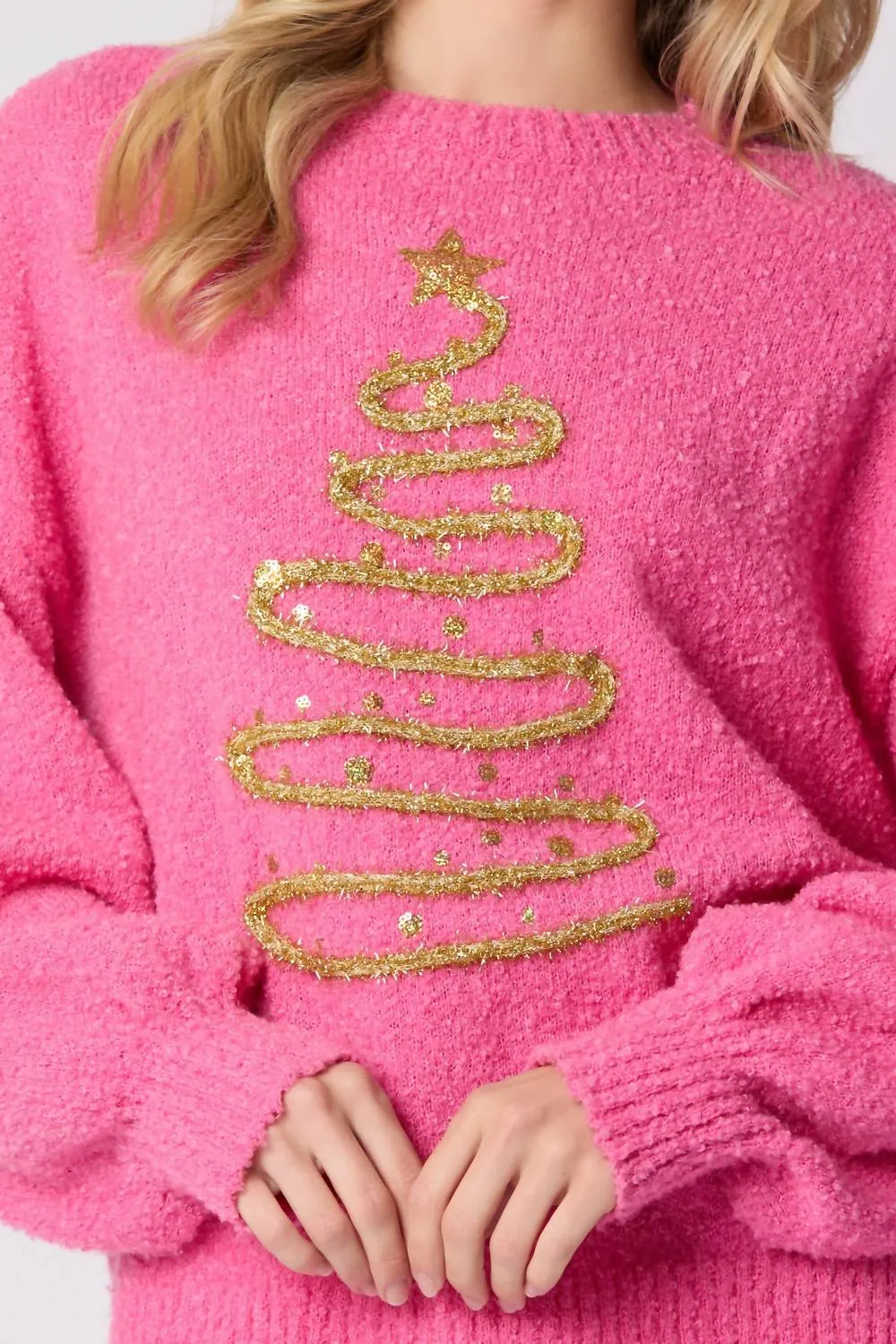 Christmas Tree Lurex Thread Embroidery Sweater In Pink