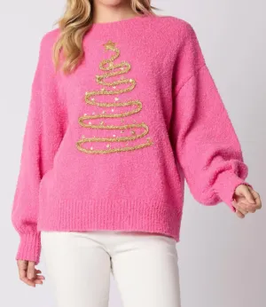 Christmas Tree Lurex Thread Embroidery Sweater In Pink