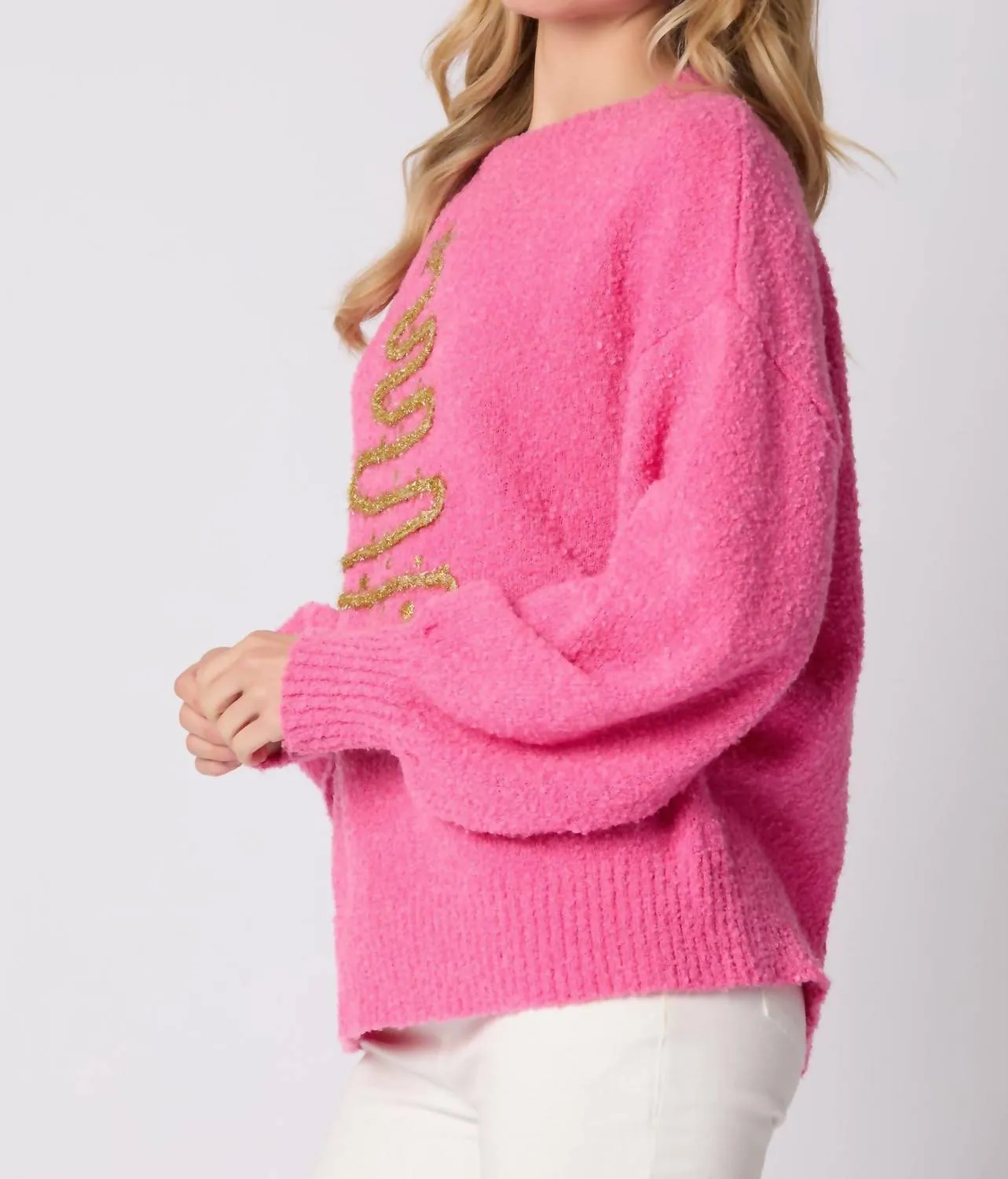 Christmas Tree Lurex Thread Embroidery Sweater In Pink