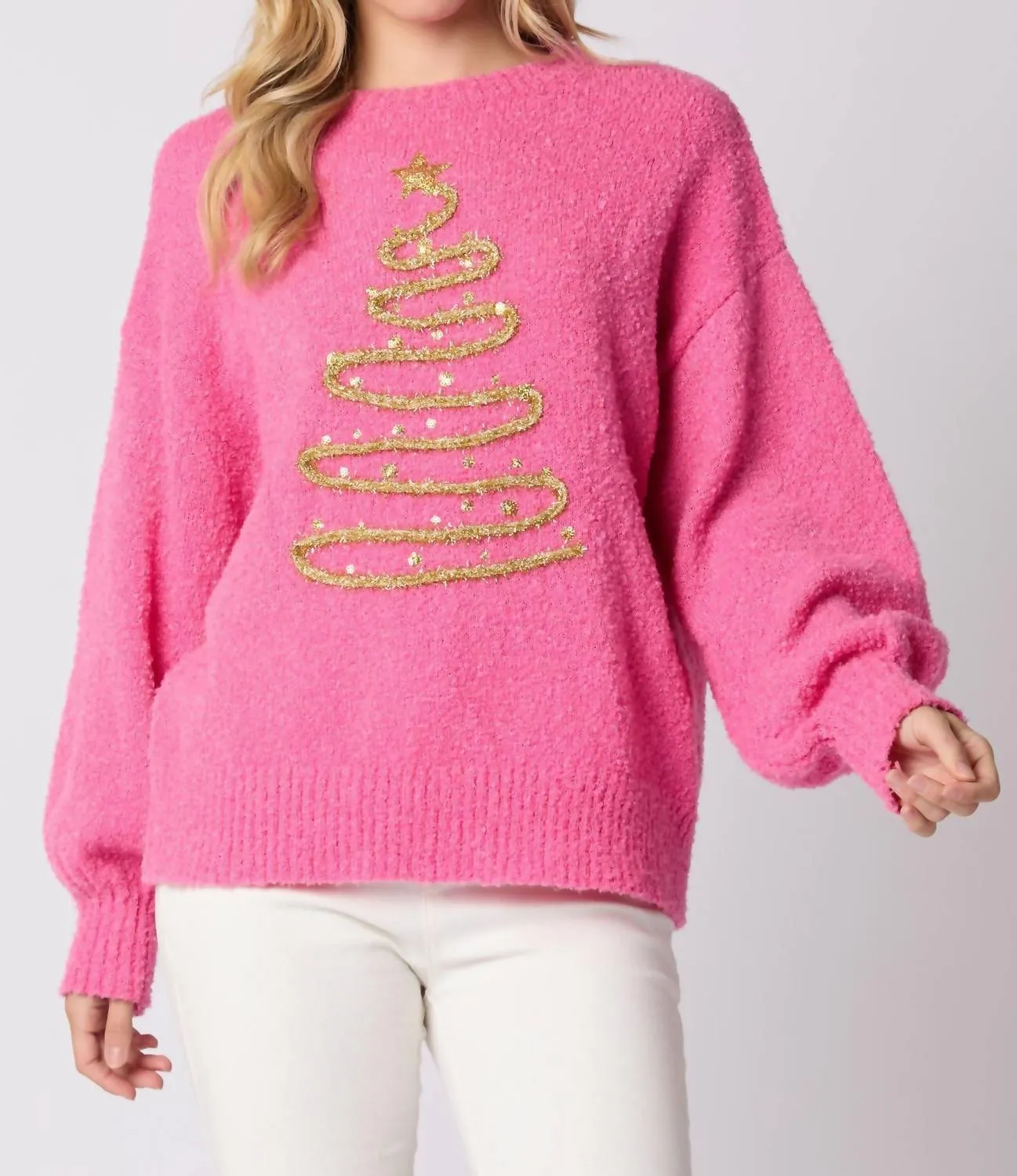 Christmas Tree Lurex Thread Embroidery Sweater In Pink