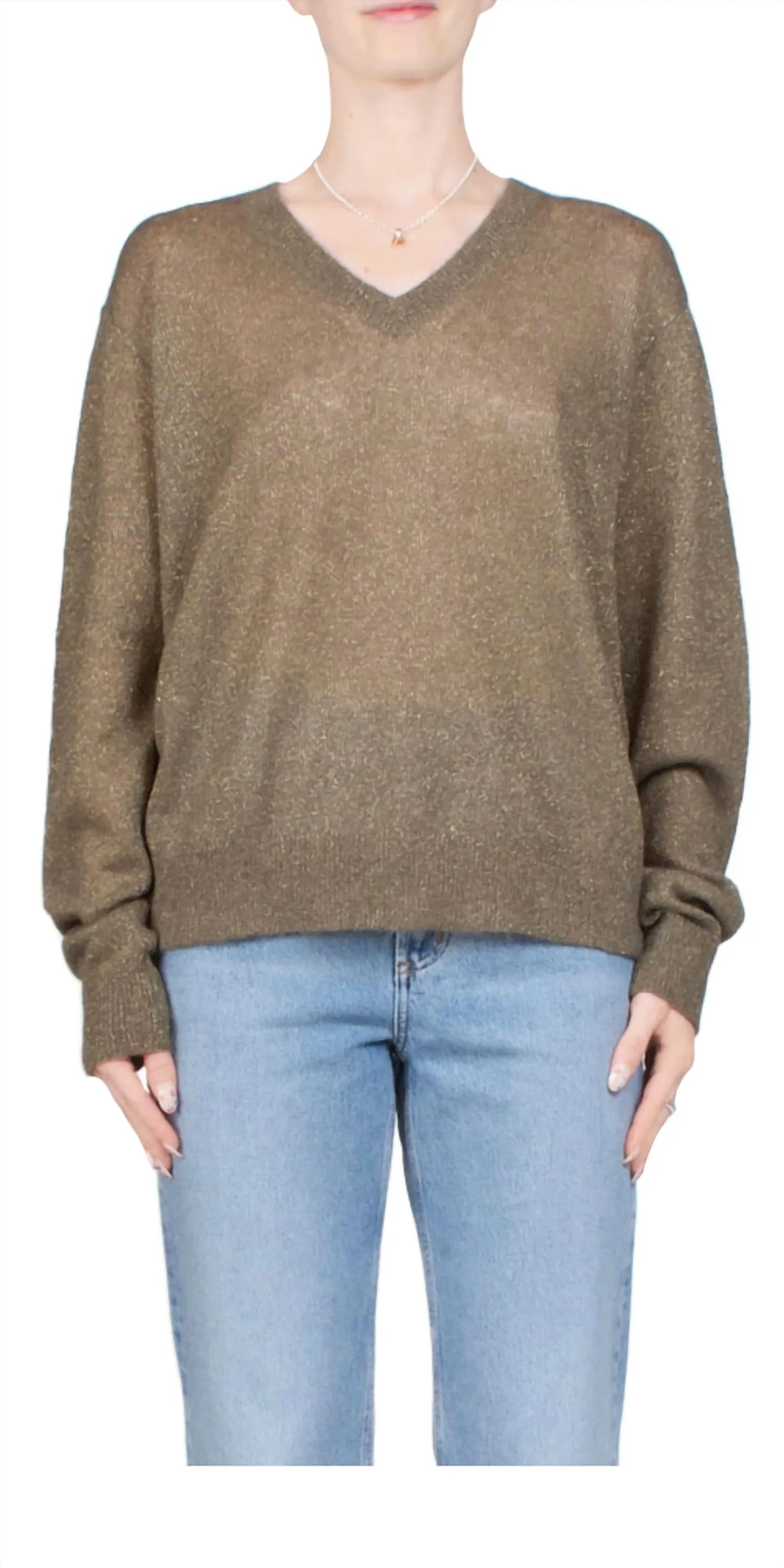 Classic V-Neck Sweater In Metallic Khaki
