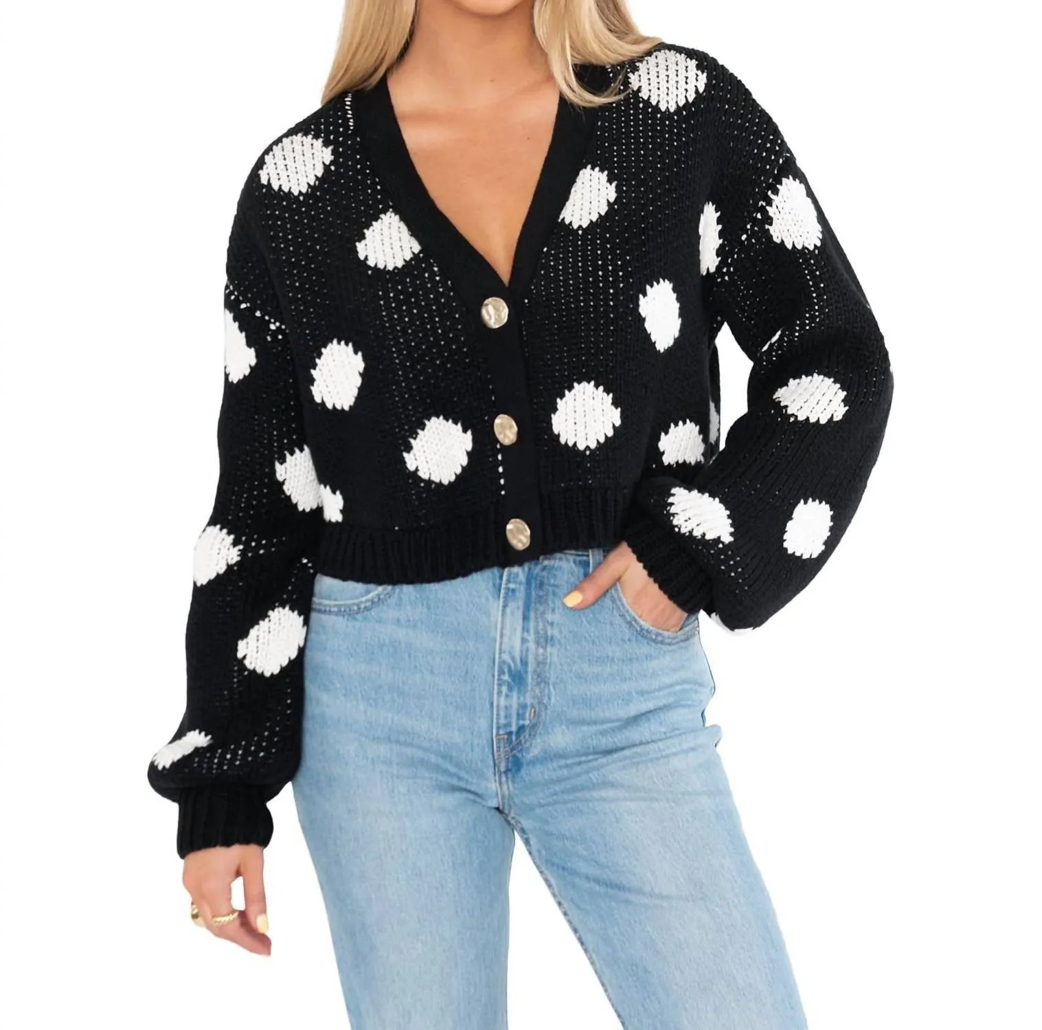 Clemmie Cardigan In Black & White Polka Dots