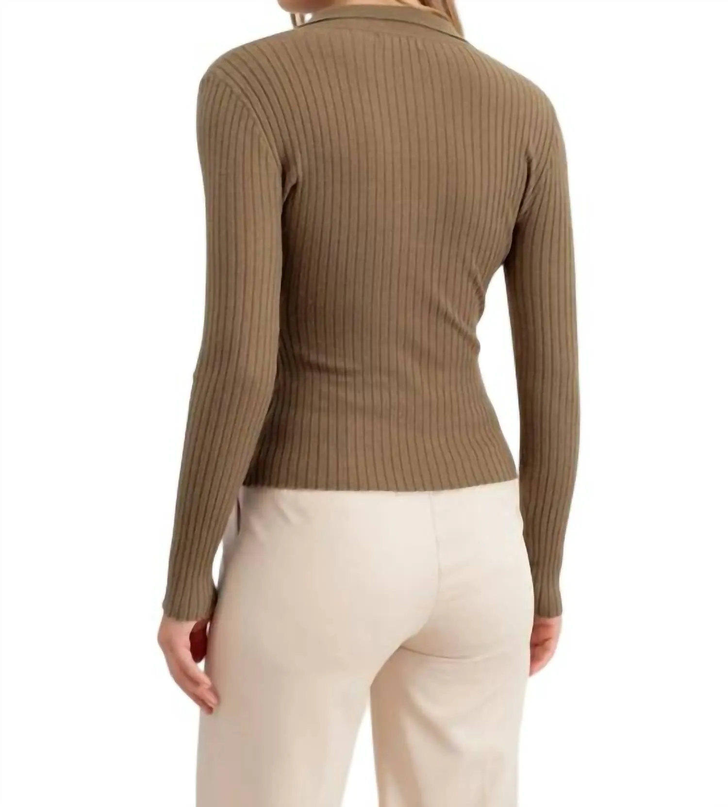 Collared Button Front Long Sleeve Sweater In Olive