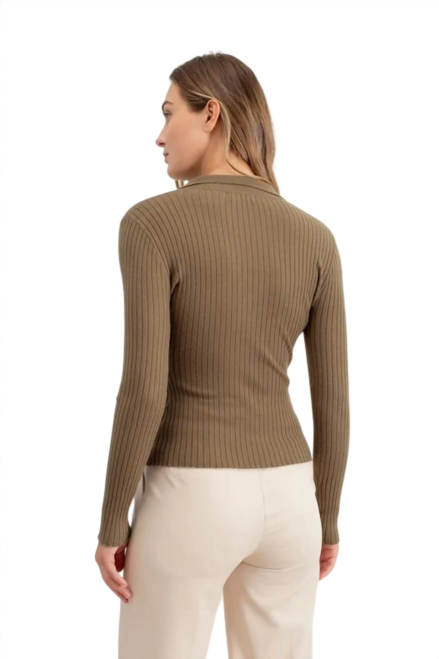 Collared Button Front Long Sleeve Sweater In Olive