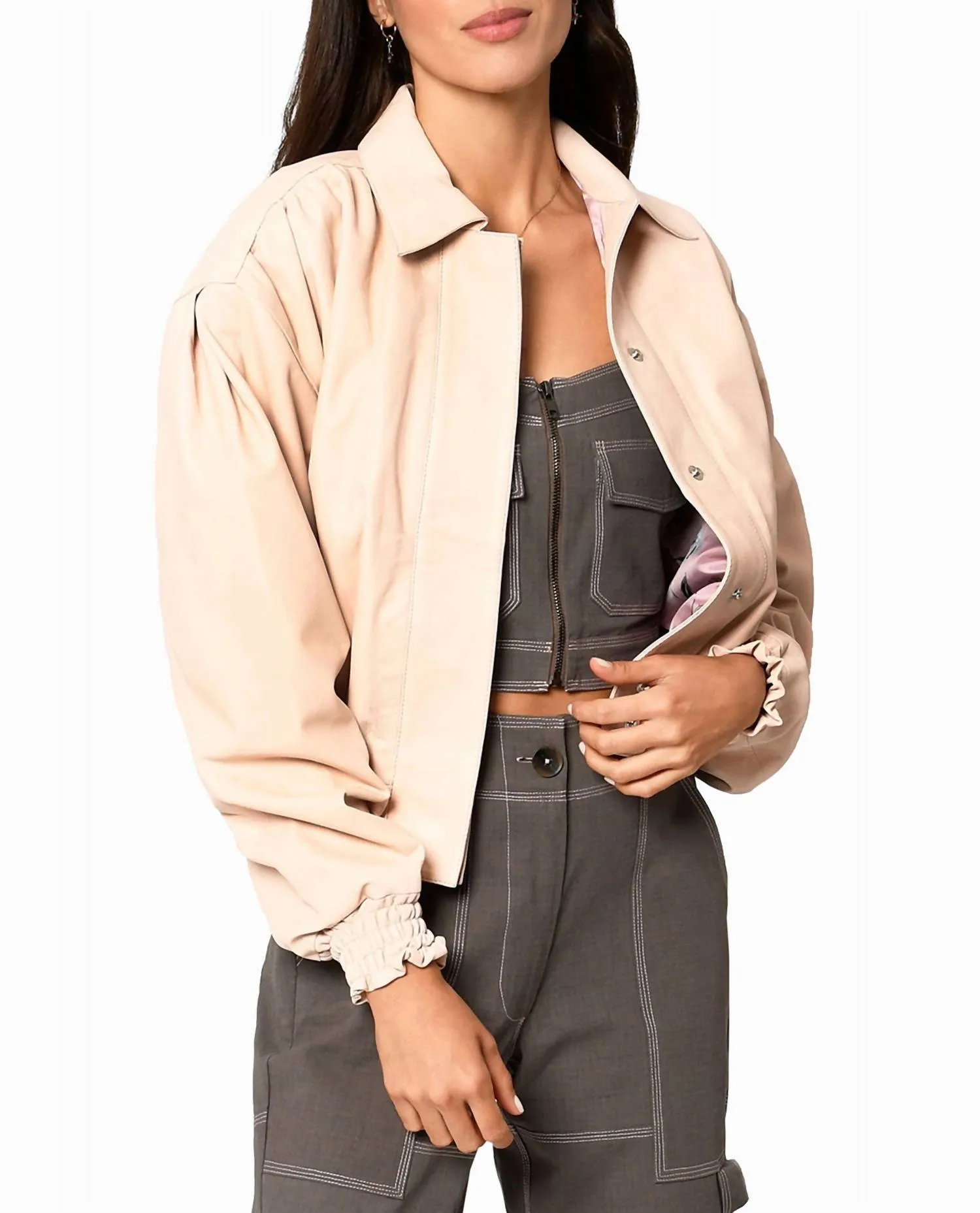 Collared Leather Jacket In Blush