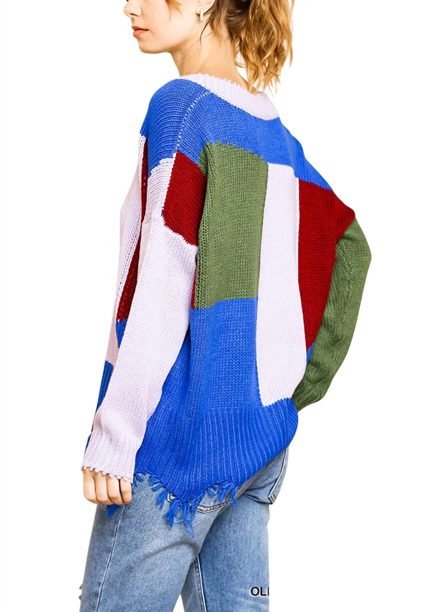 Color Block Frayed Hem Sweater In Olive/lavender