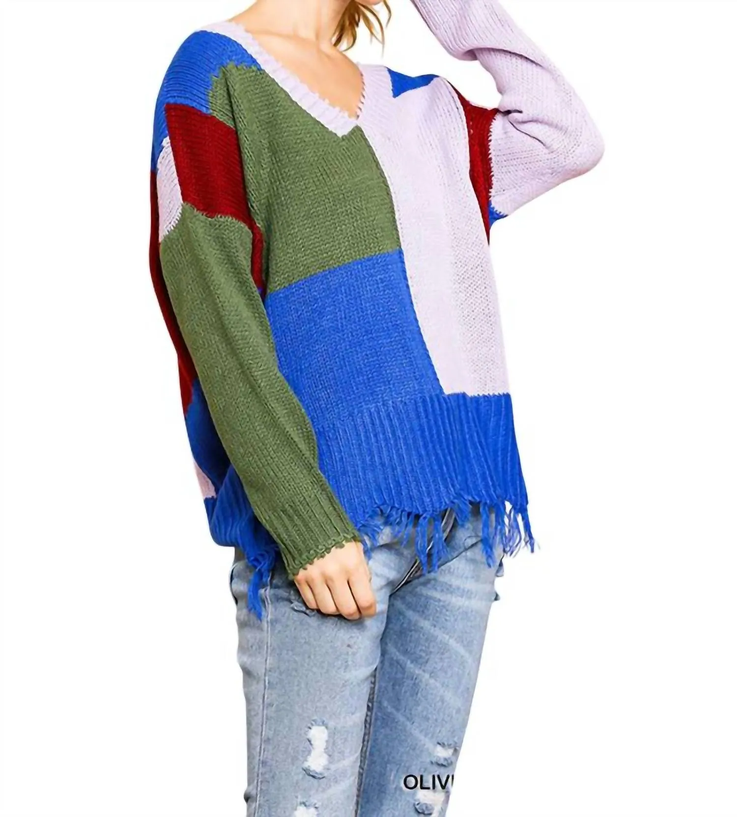 Color Block Frayed Hem Sweater In Olive/lavender
