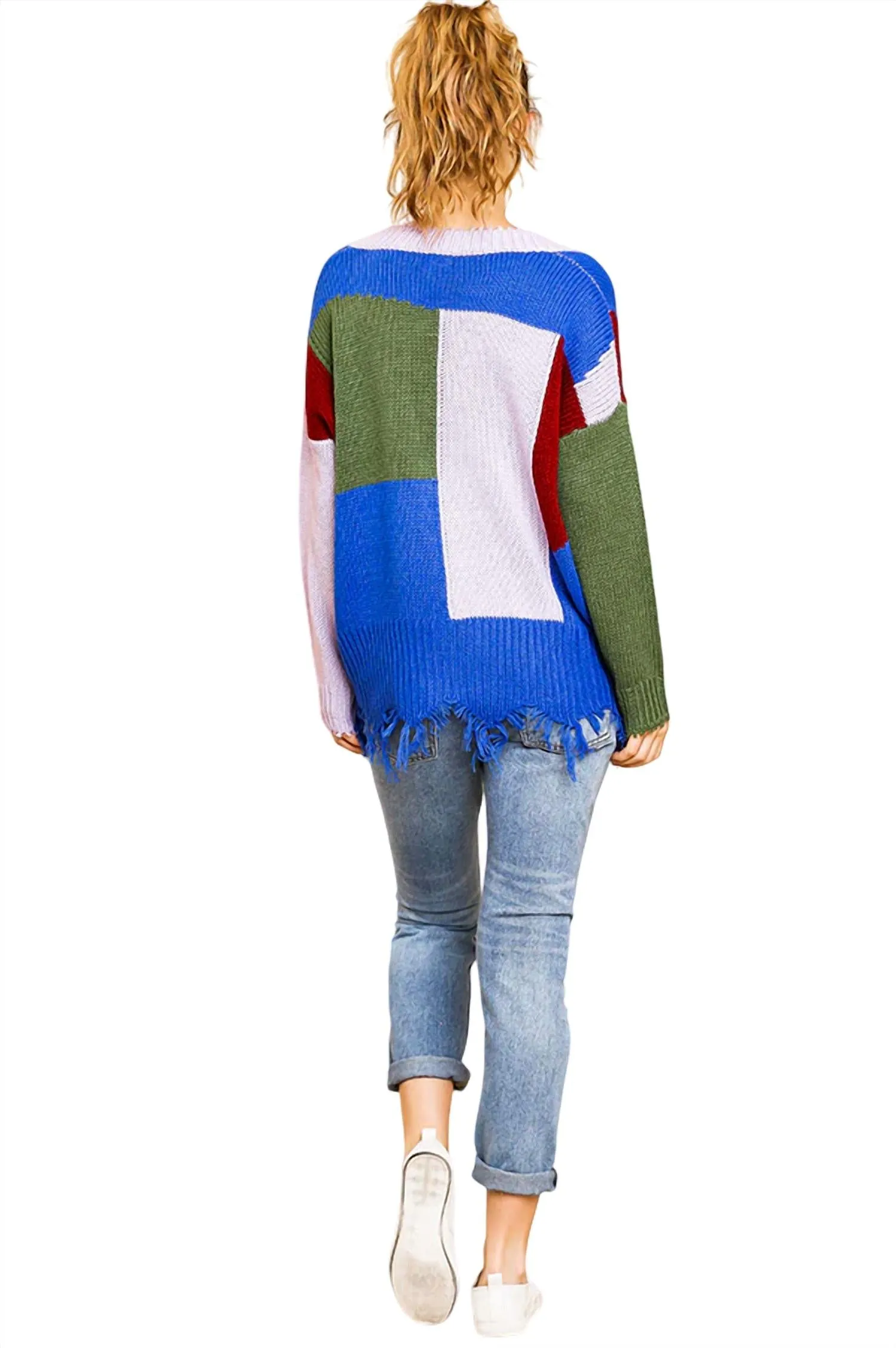 Color Block Frayed Hem Sweater In Olive/lavender
