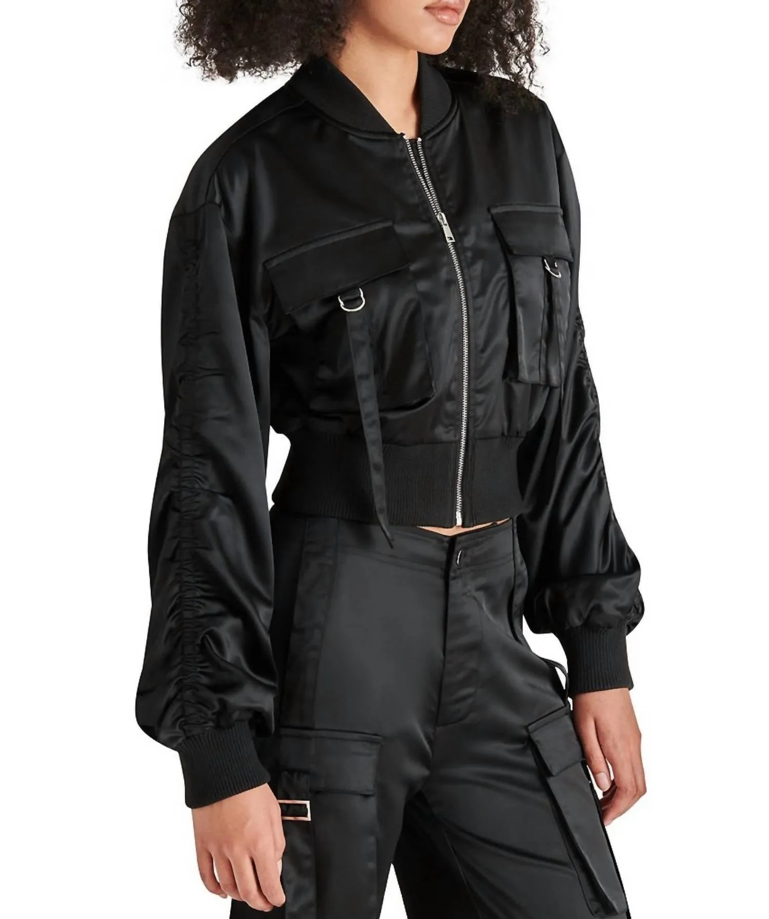 Costa Silk Utility Cropped Bomber Jacket In Black