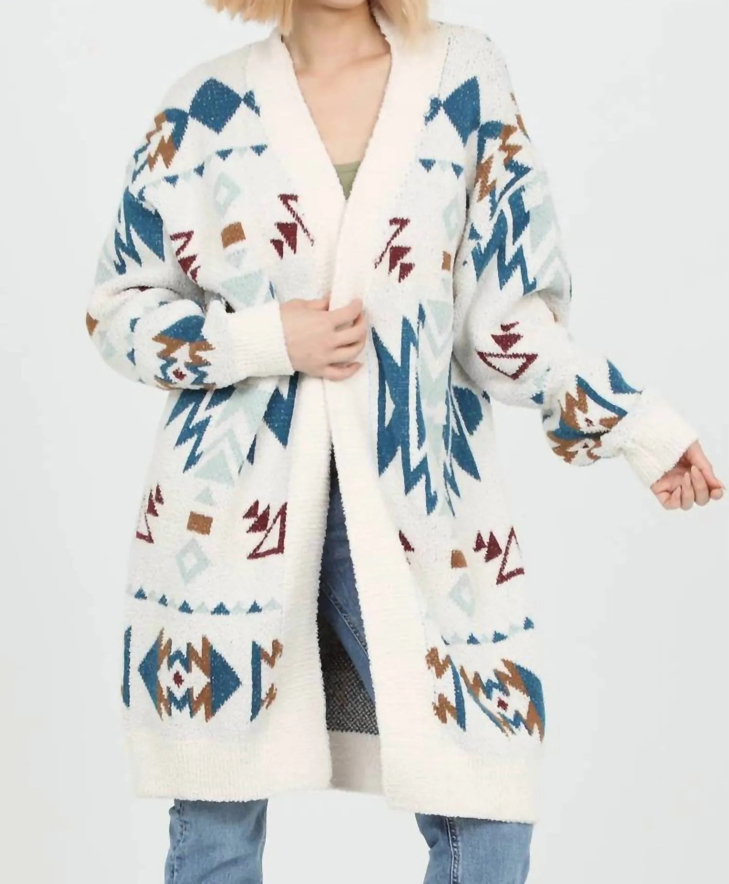 Cozy Aztec Cardigan Sweater In Ivory-Juniper