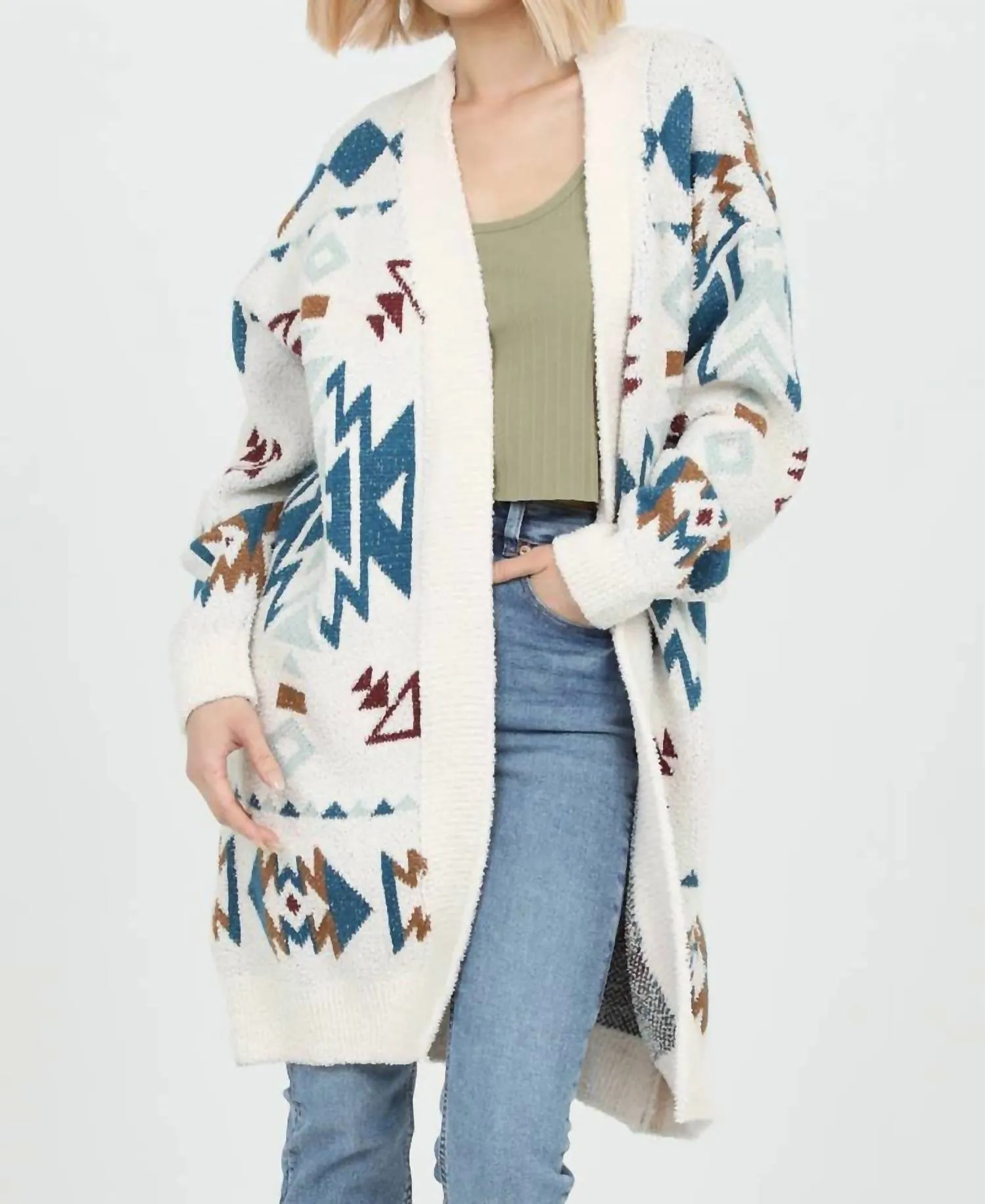 Cozy Aztec Cardigan Sweater In Ivory-Juniper