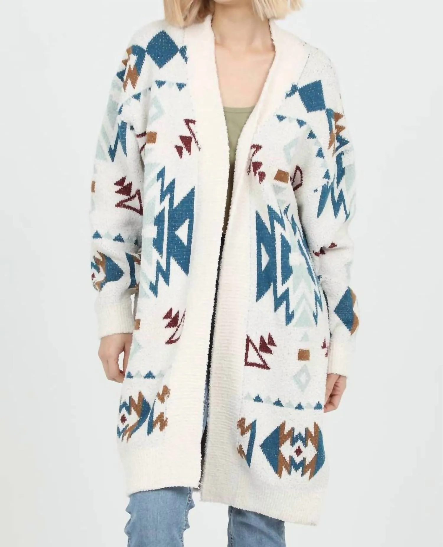 Cozy Aztec Cardigan Sweater In Ivory-Juniper