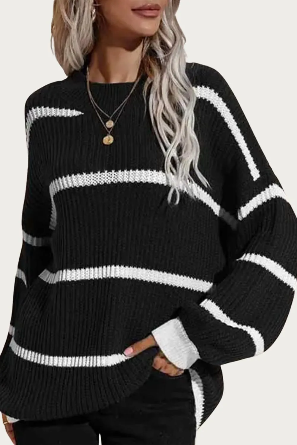 Cozy Striped Knit Sweater In Black/white