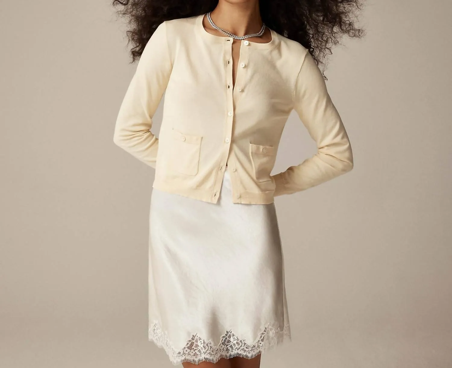 Crewneck Cardigan In Premium Ultrafine Cotton In Ecru