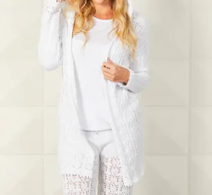 Crochet Long Hoodie Cardigan In White