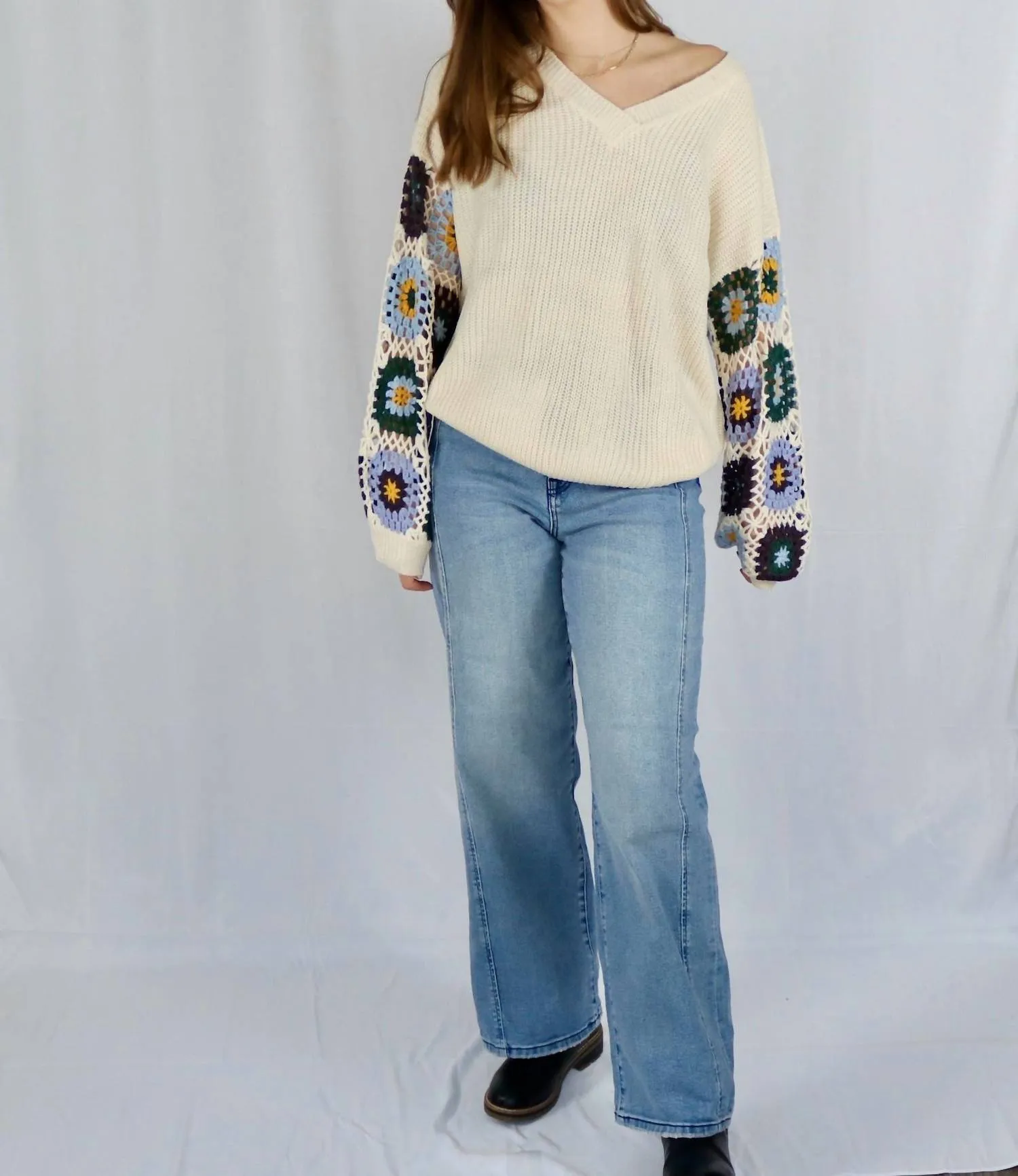Crochet Patchwork Sweater In Ivory/blue