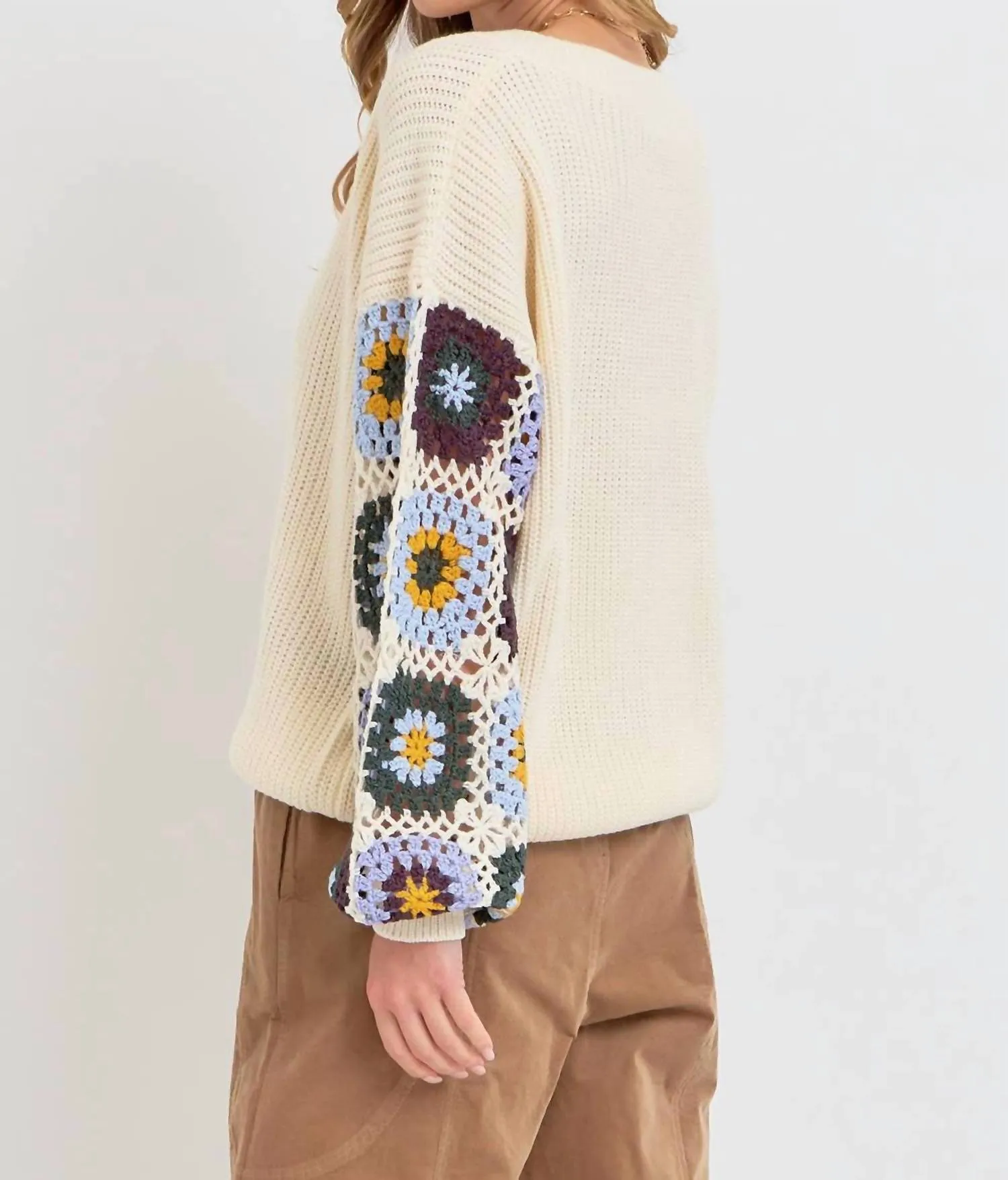Crochet Patchwork Sweater In Ivory/blue