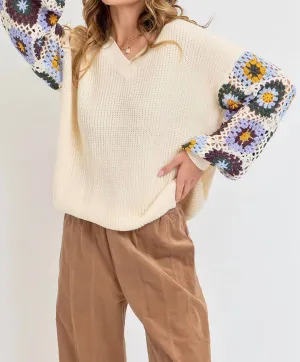 Crochet Patchwork Sweater In Ivory/blue