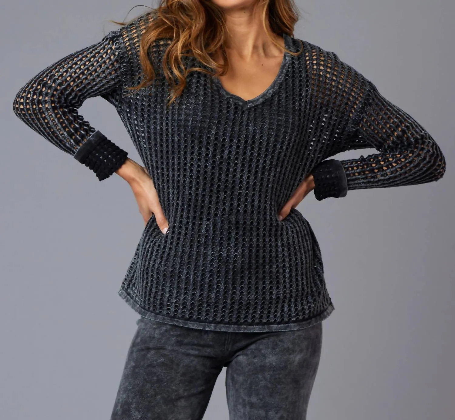 Crochet V-Neck Sweater In Charcoal