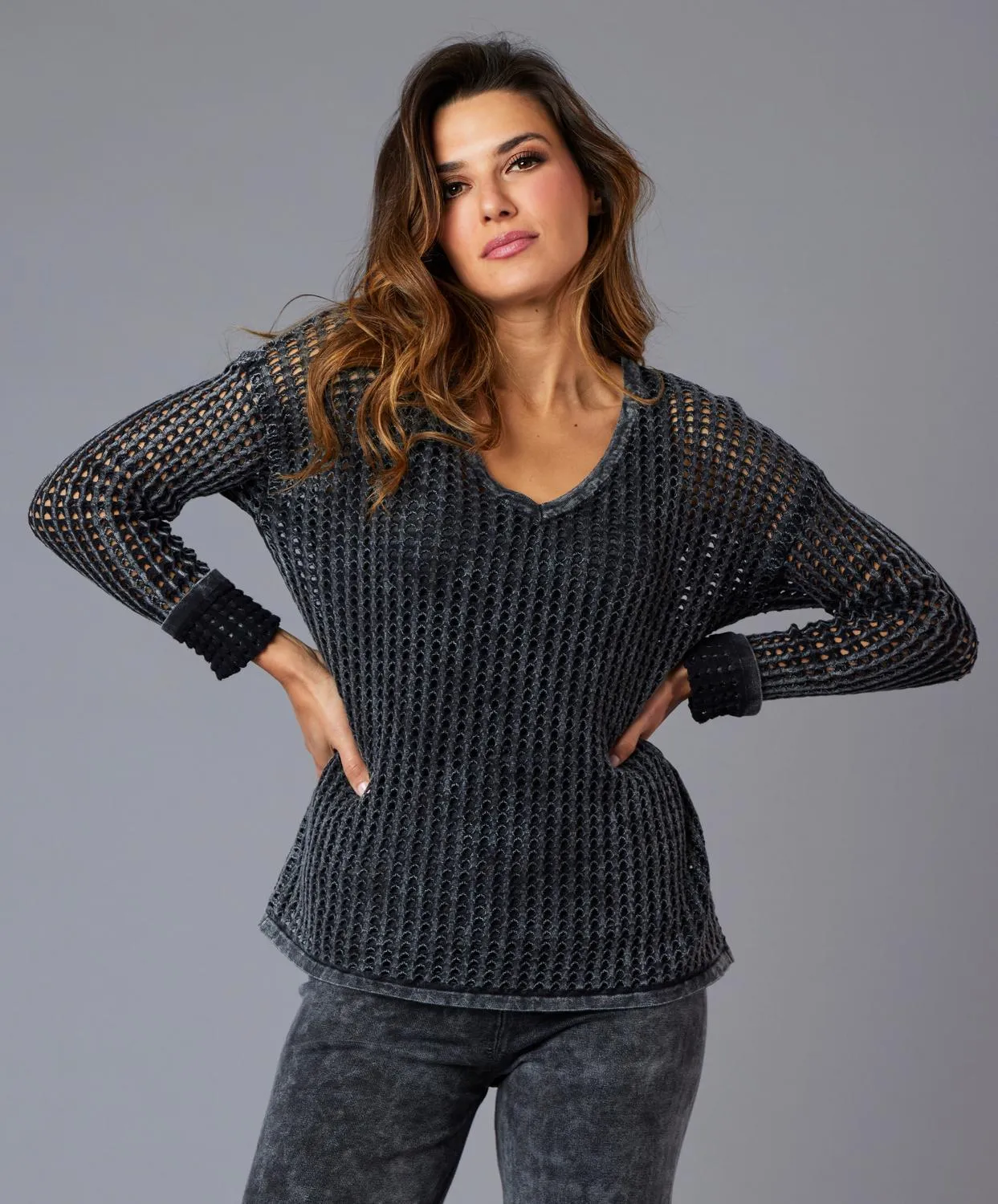 Crochet V-Neck Sweater In Charcoal
