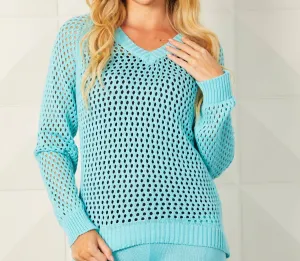 Crochet V-Neck Top In Aqua