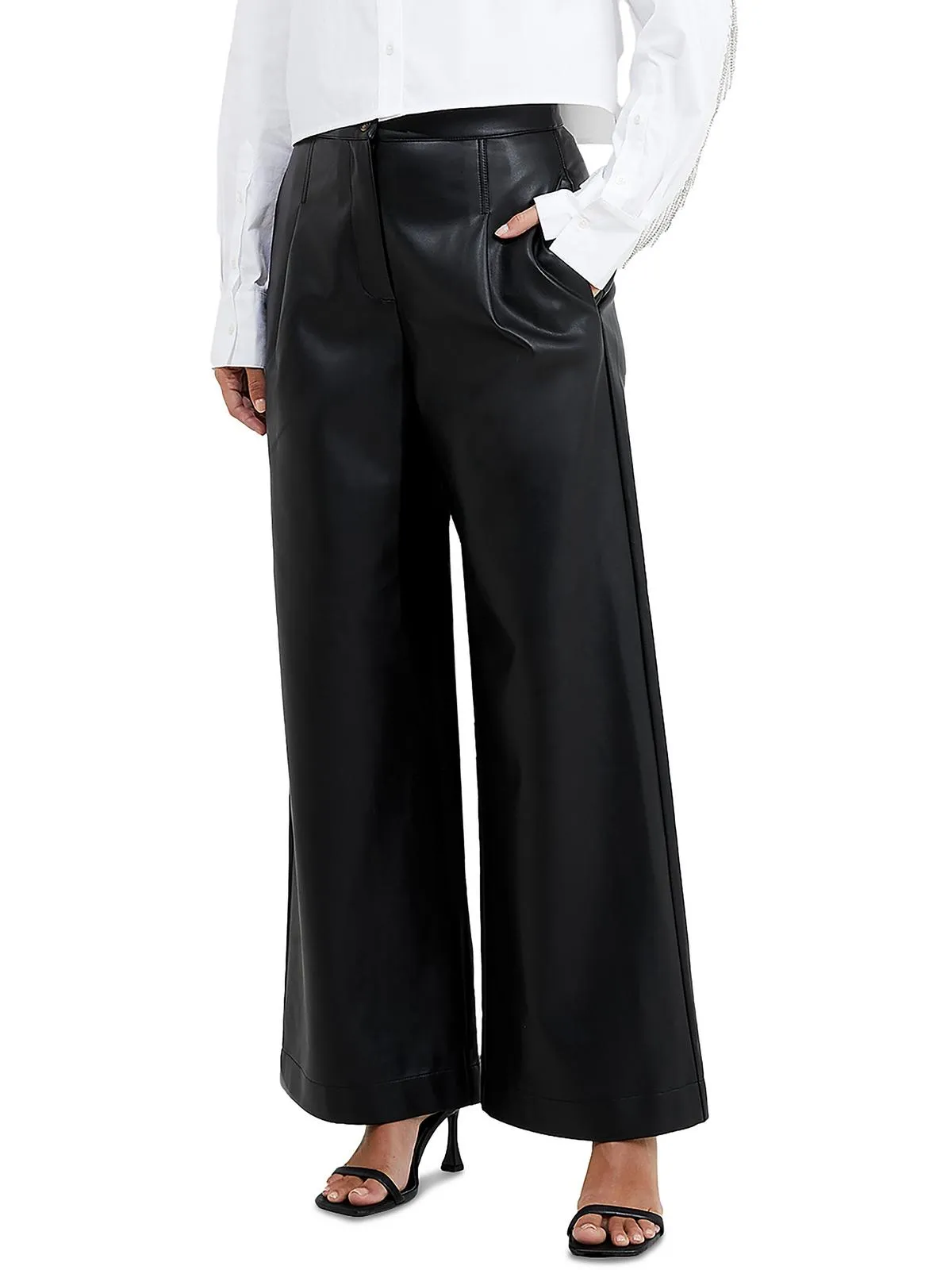 Crolenda Womens Faux Leather Pockets Wide Leg Pants