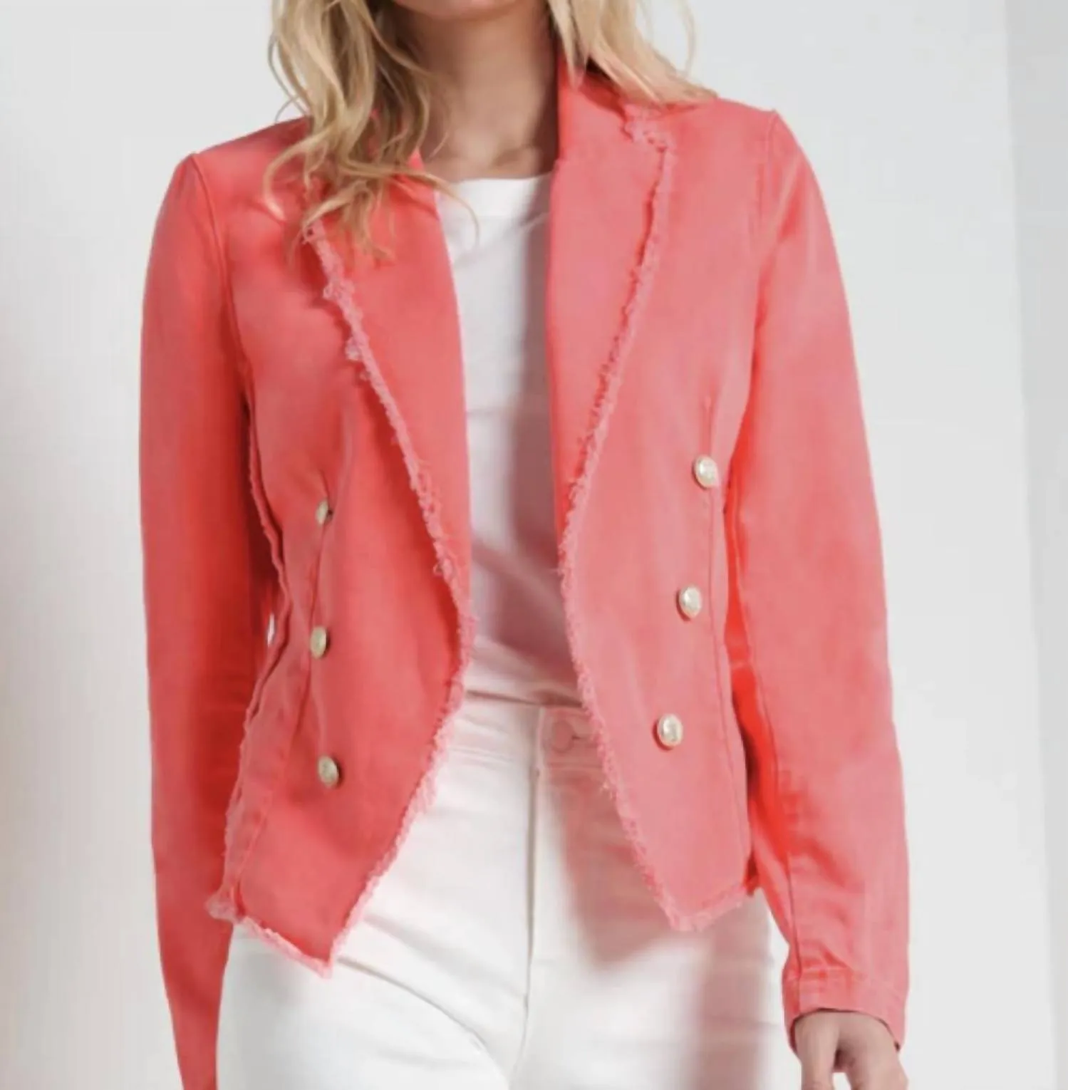 Crop Fray Jacket In Soft Neon Coral