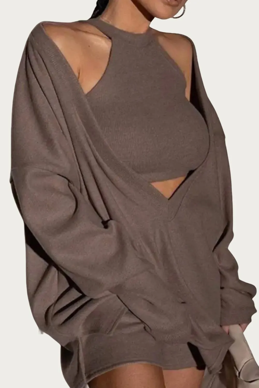 Cropped Tank And Pullover Two-Piece Set In Brown