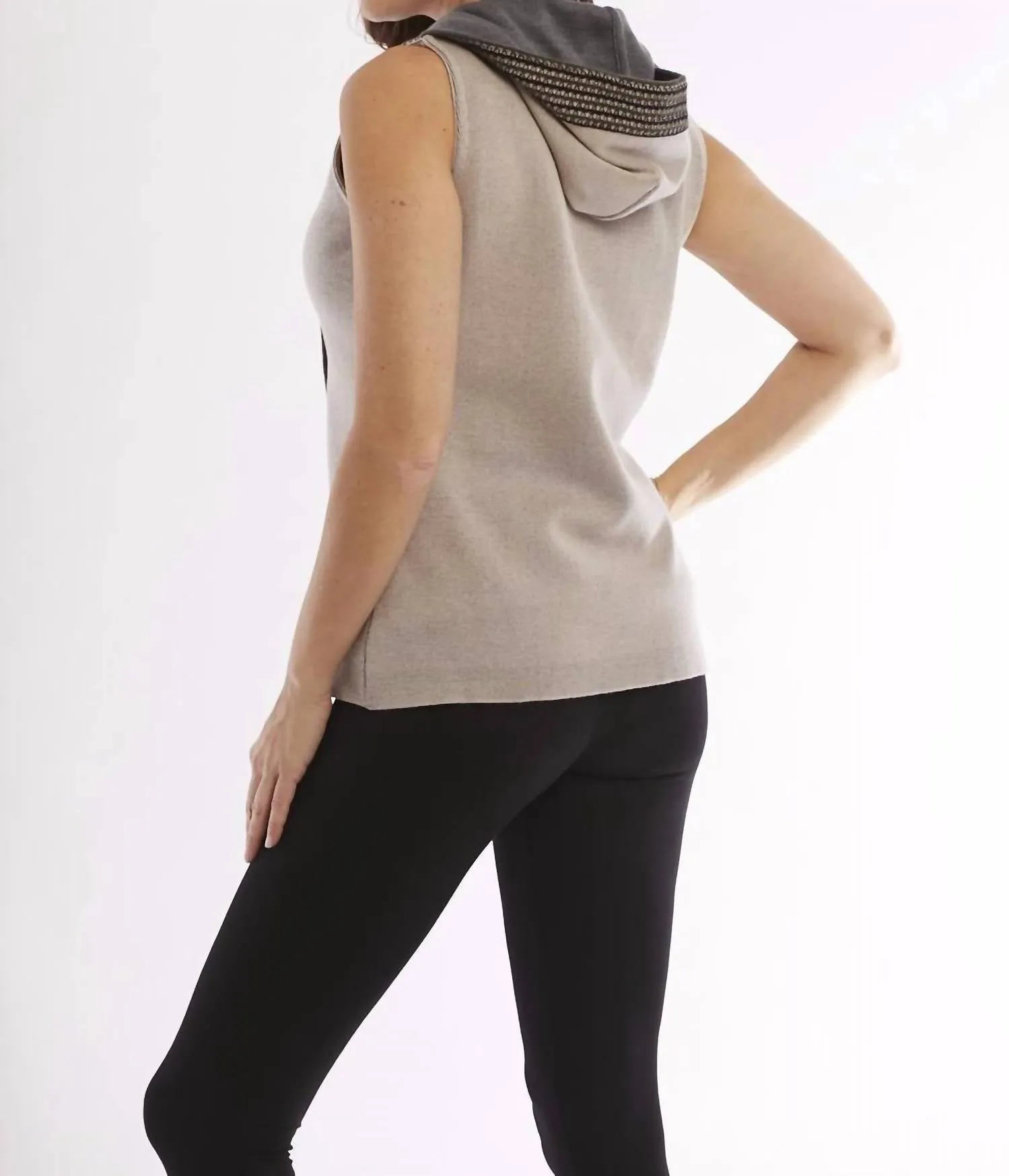 Cross Stitch Hooded Vest In Stone/gray