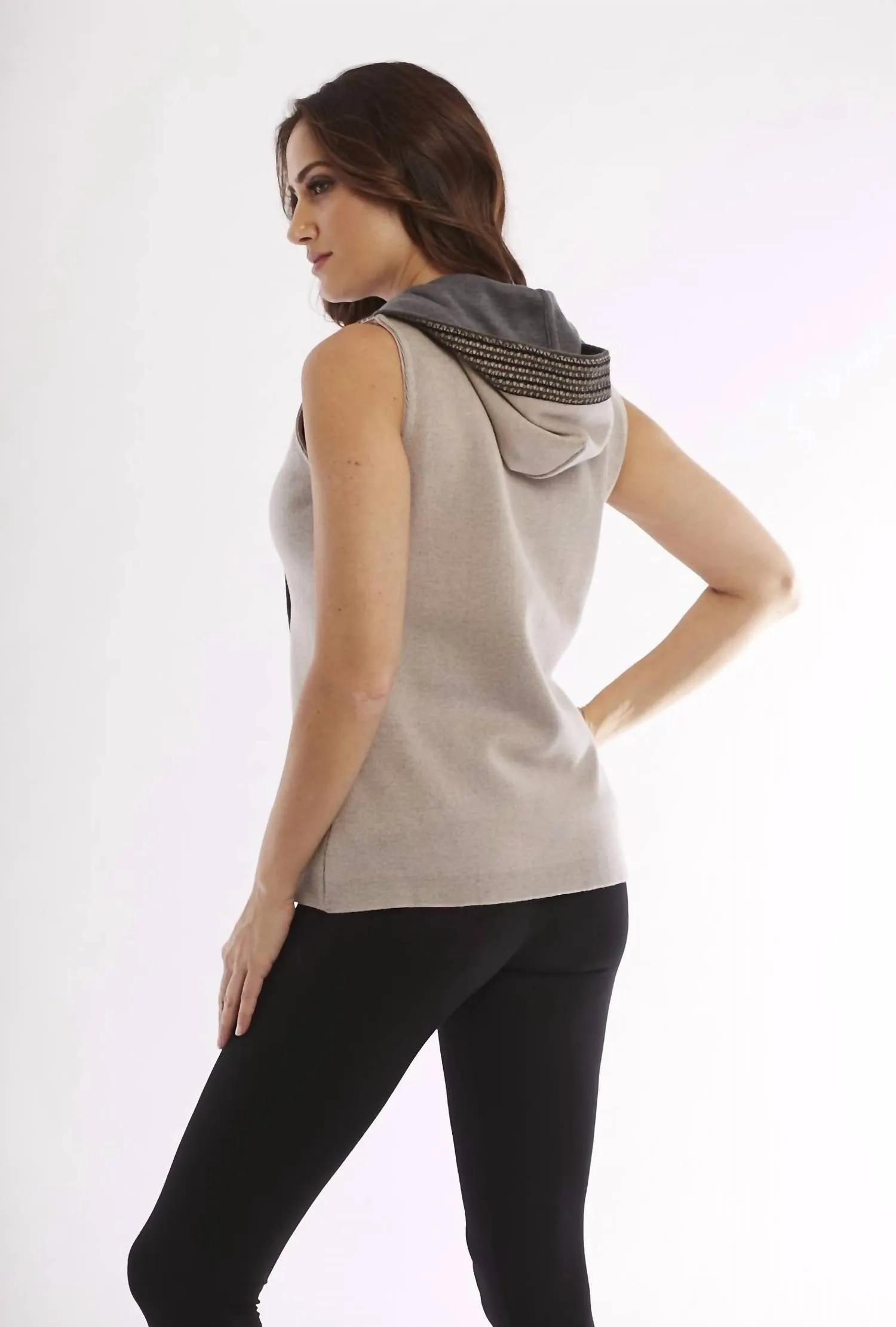 Cross Stitch Hooded Vest In Stone/gray